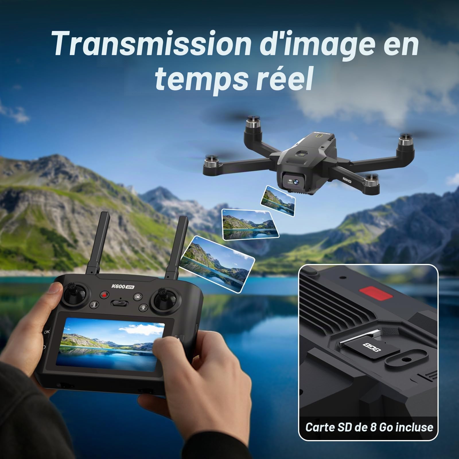 K600GPS Drone avec Caméra 1080P, Écran FPV 4,5", Retour Automatique à la Maison, Follow Me, Quadricoptère Télécommandé Pliable pour Adultes et Enfants Débutants, Autonomie de Vol de 22 Minutes
