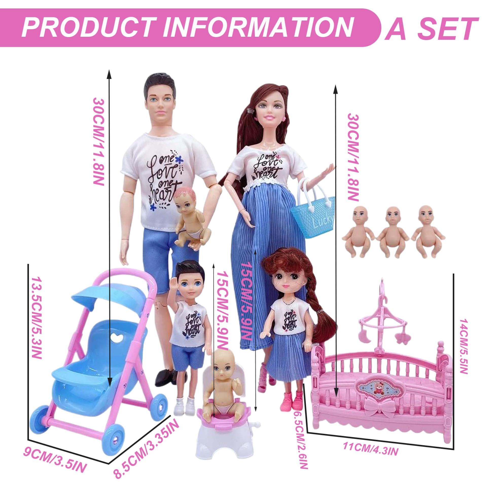 Juego de muñecas Familiares, Juego de muñecas seguras para Embarazadas con papá y 3 niños, 5 Personas con Accesorios para casa de, Juguete para de imitación para niños y bebés