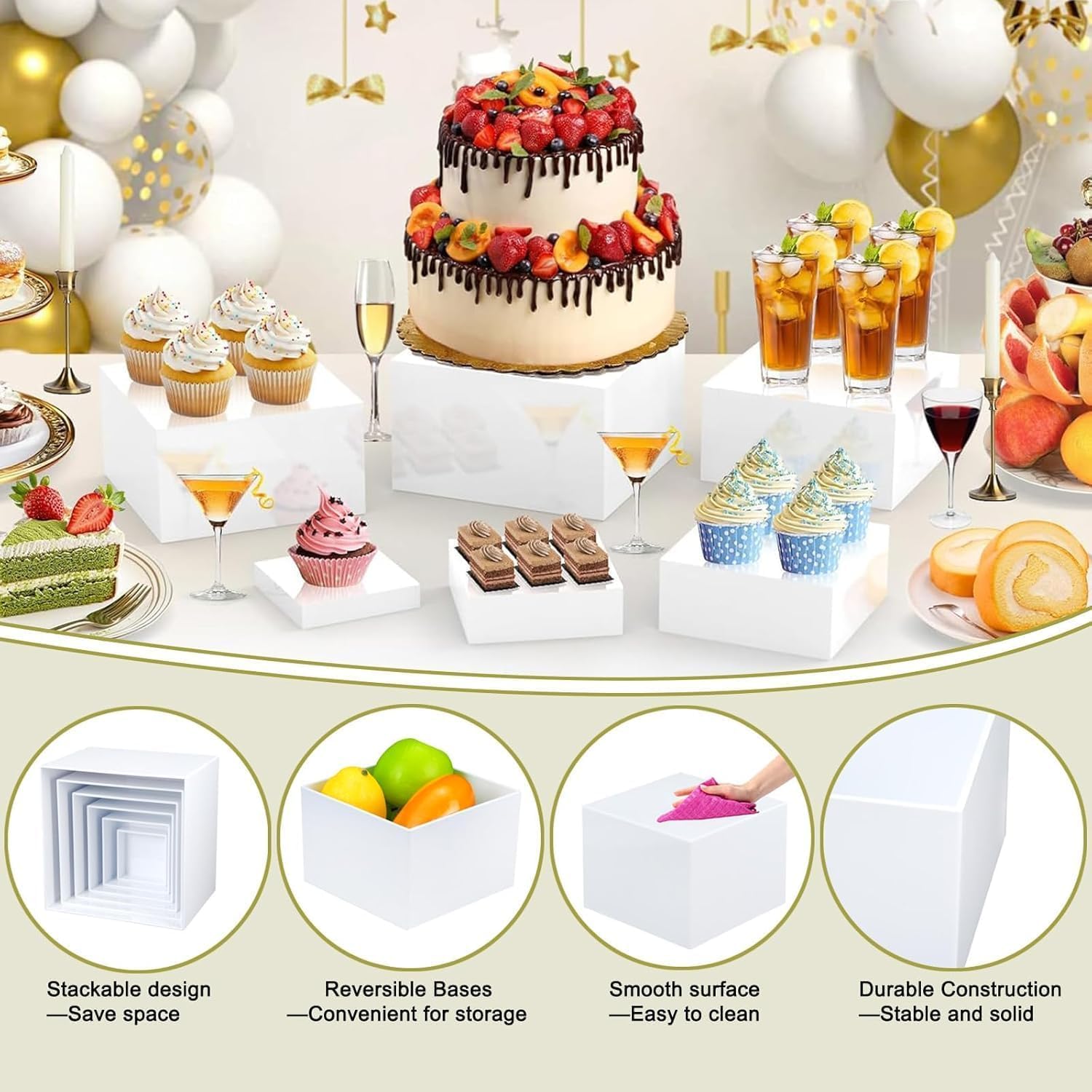Lot de 6 boîtes en acrylique blanc pour présentation de buffet, rehausseurs de nourriture pour fête, table, présentoir, table de dessert