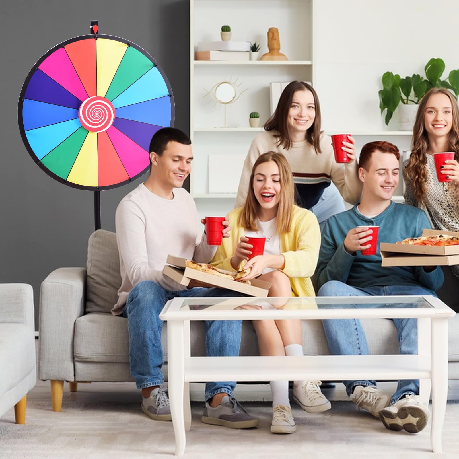 GOPLUS Roue de la Fortune 24 Pouces sur Pied, Prize Wheel 14 Grilles, Hauteur Réglable, avec Stylo Effaçable, Gomme et Pointeur, Trépied Stable et Antidérapant, pour Fêtes, Loterie et Activités