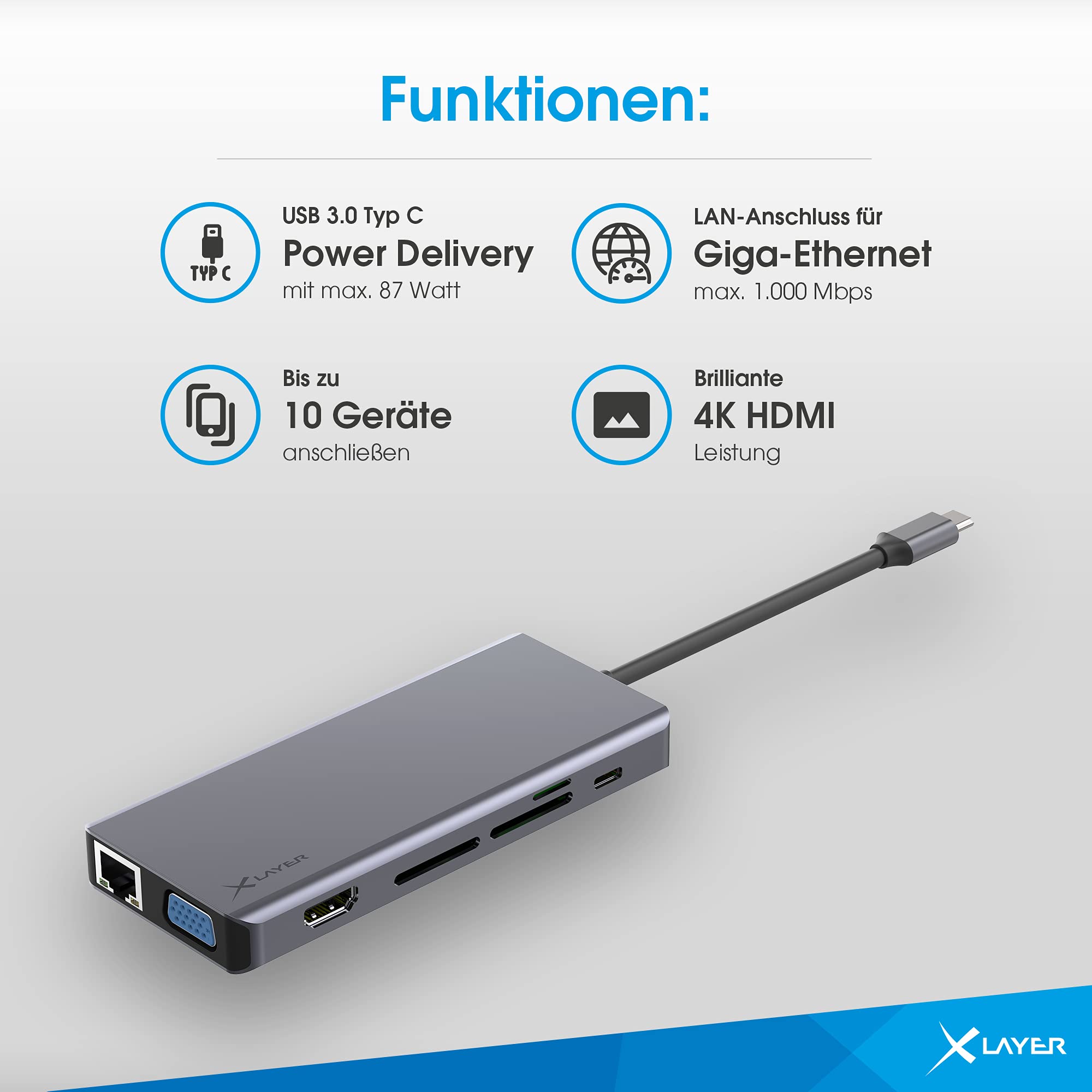 Xlayer Adapter USB C Hub MULTIPORT HDMI SD 4K stacja dokująca 3.0 kabel kompatybilny z MacBook Pro/Air, iPad Pro, Chromecast, Switch, urządzeń Windows 7 w 1 z Power Delivery Szary