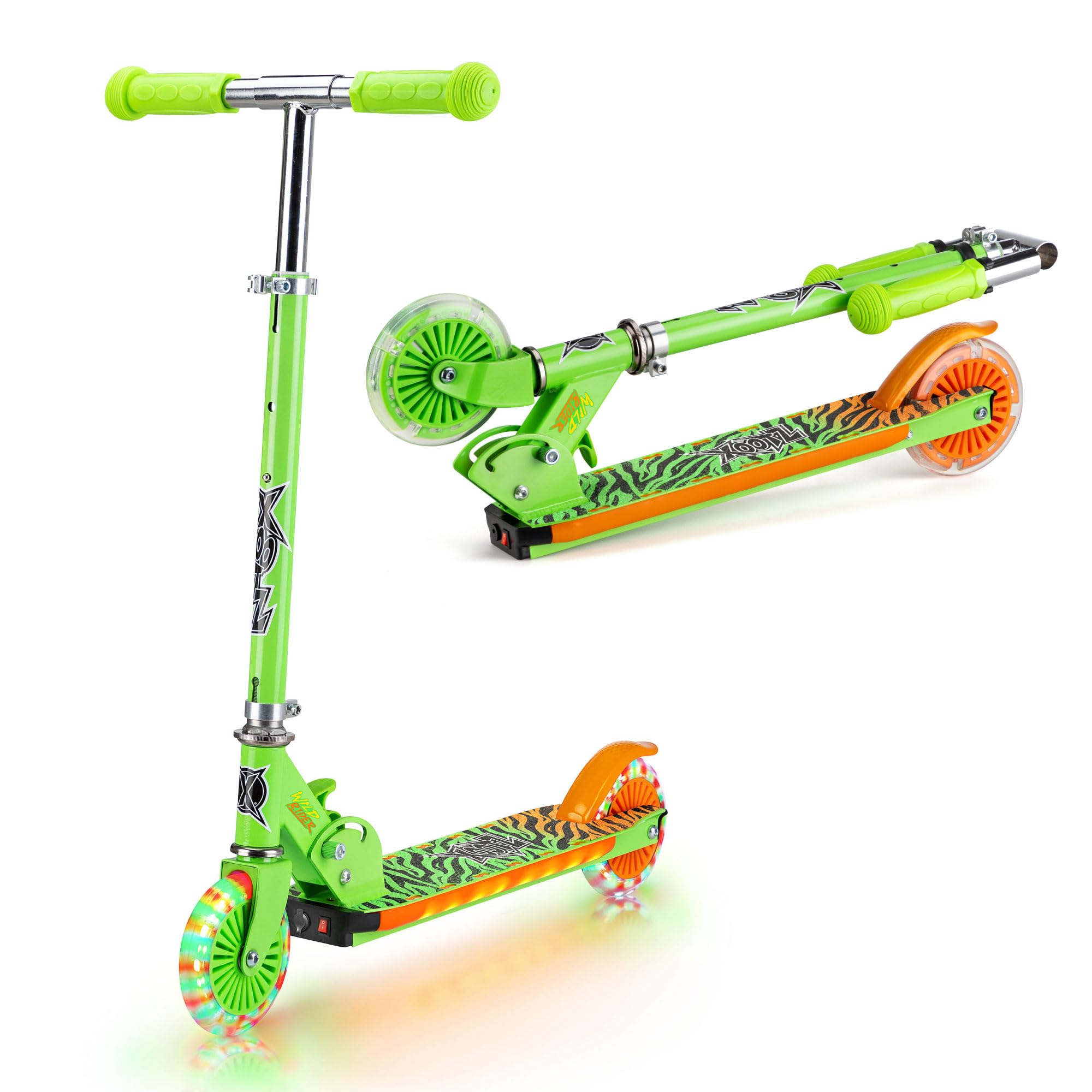 Xootz Wild Rider Light Up LED Scooter | Green Tiger Folding Light Up Scooter with LED Deck, Green and Orange, for Kids Ages 5+