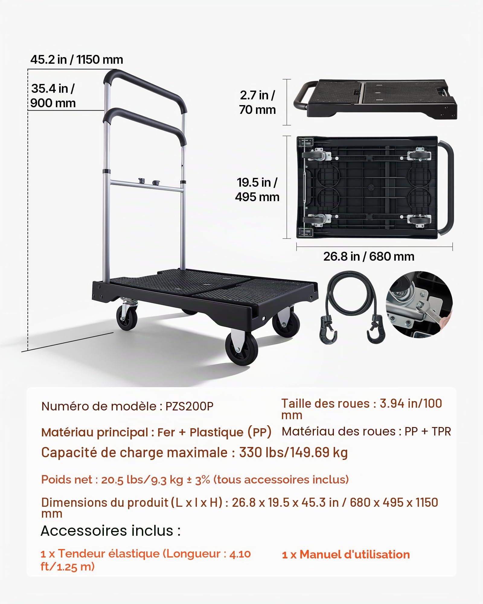 VEVOR Chariot à Plateforme Pliable Charge 149,69 kg Chariot à Plateau Pliable 68x49,5 cm pour Manutention et Déplacer Objets Volumineux et Lourds, avec Roues Pivotantes, Poignée à Hauteur Réglable