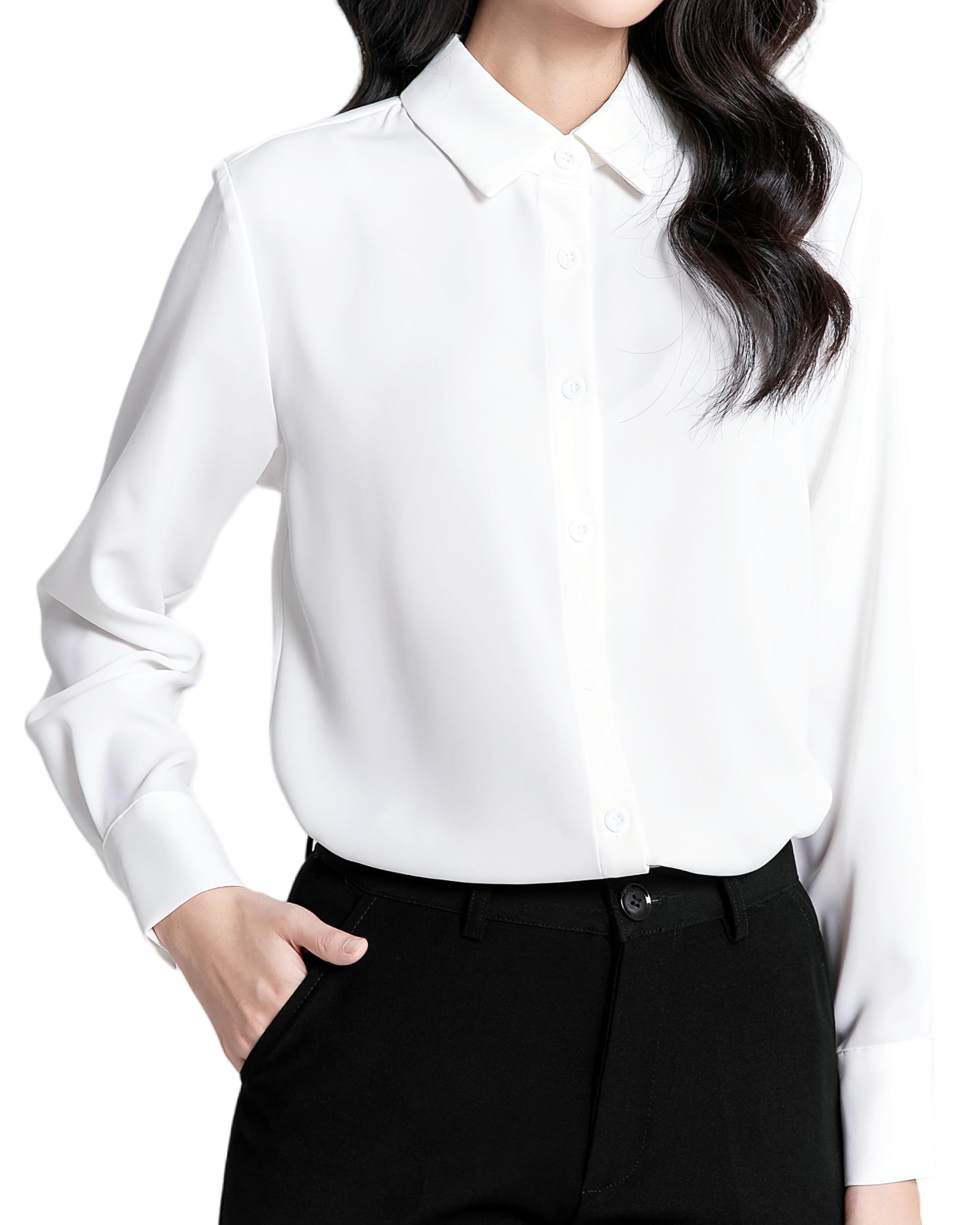 シャツ 長袖 レディース ブラウス S~4L ワイシャツ シフォン ノーアイロン 白シャツ 大きいサイズ 事務服 スーツ オフィス カジュアル 就活 | 形態安定加工が施されているため、洗濯後にノンアイロンで着用できます。ビジネス 通勤 就活 ボタンダウン 通気性素材 透けない ゆったり とろみ しわにならない