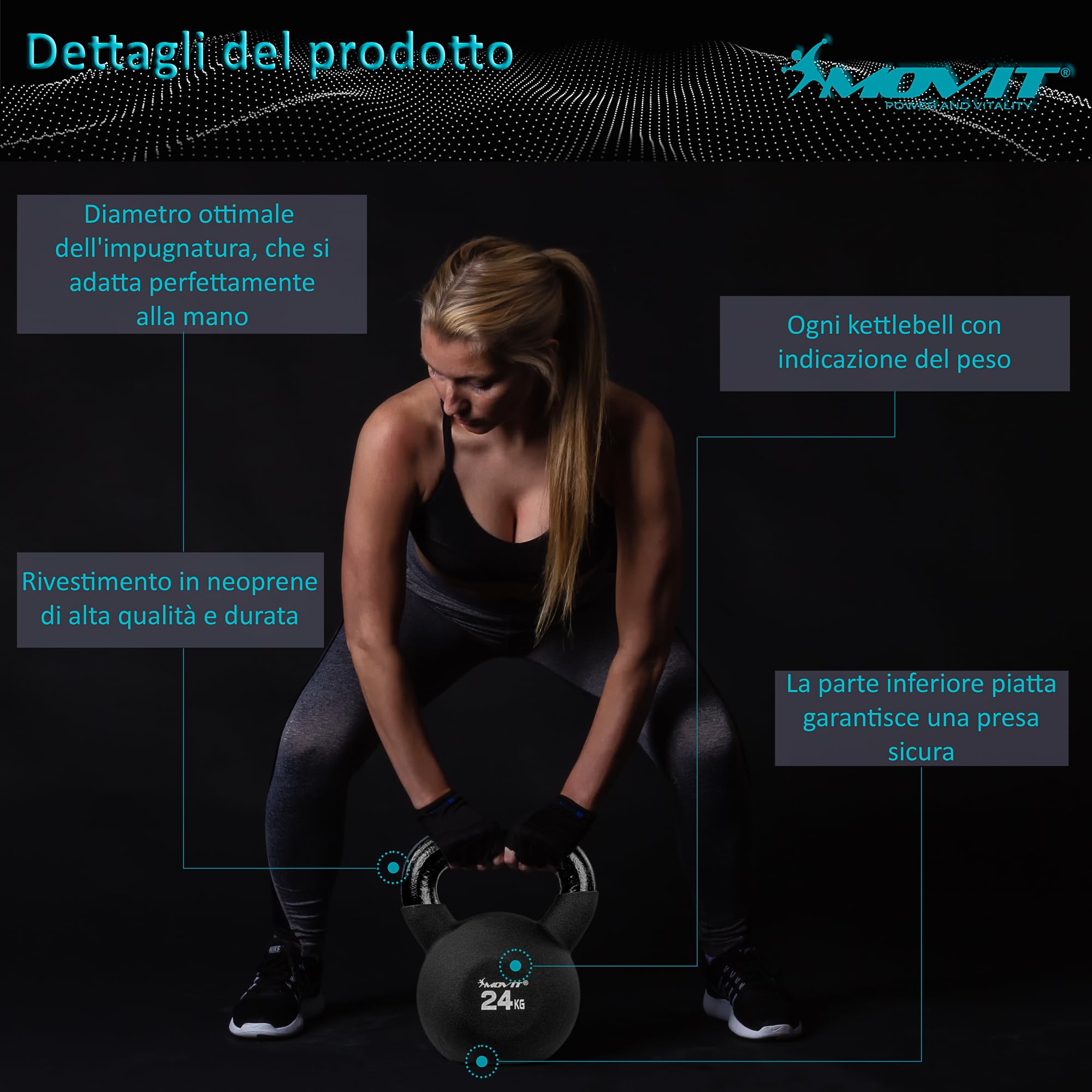MOVIT Kettlebell PRO in Ghisa Con Rivestimento in Neoprene - 12 Varianti da 2 a 24 kg, Testato per Sostanze Nocive, Peso a Sfera Oscillante
