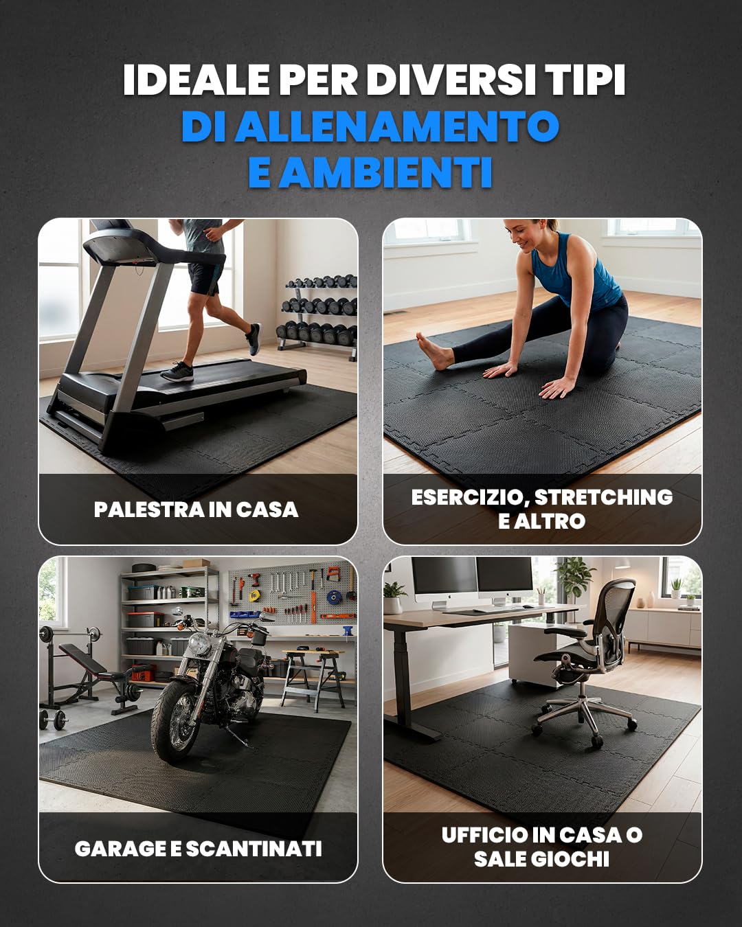 unycos - Tappeto da Fitness a Puzzle【12 Tappetini】Tatami Antiscivolo, Pavimento Protettivo Incastro Palestra in Schiuma EVA, Materassino per Home Gym | Include E-Book, 30x30x1 cm (Nero)