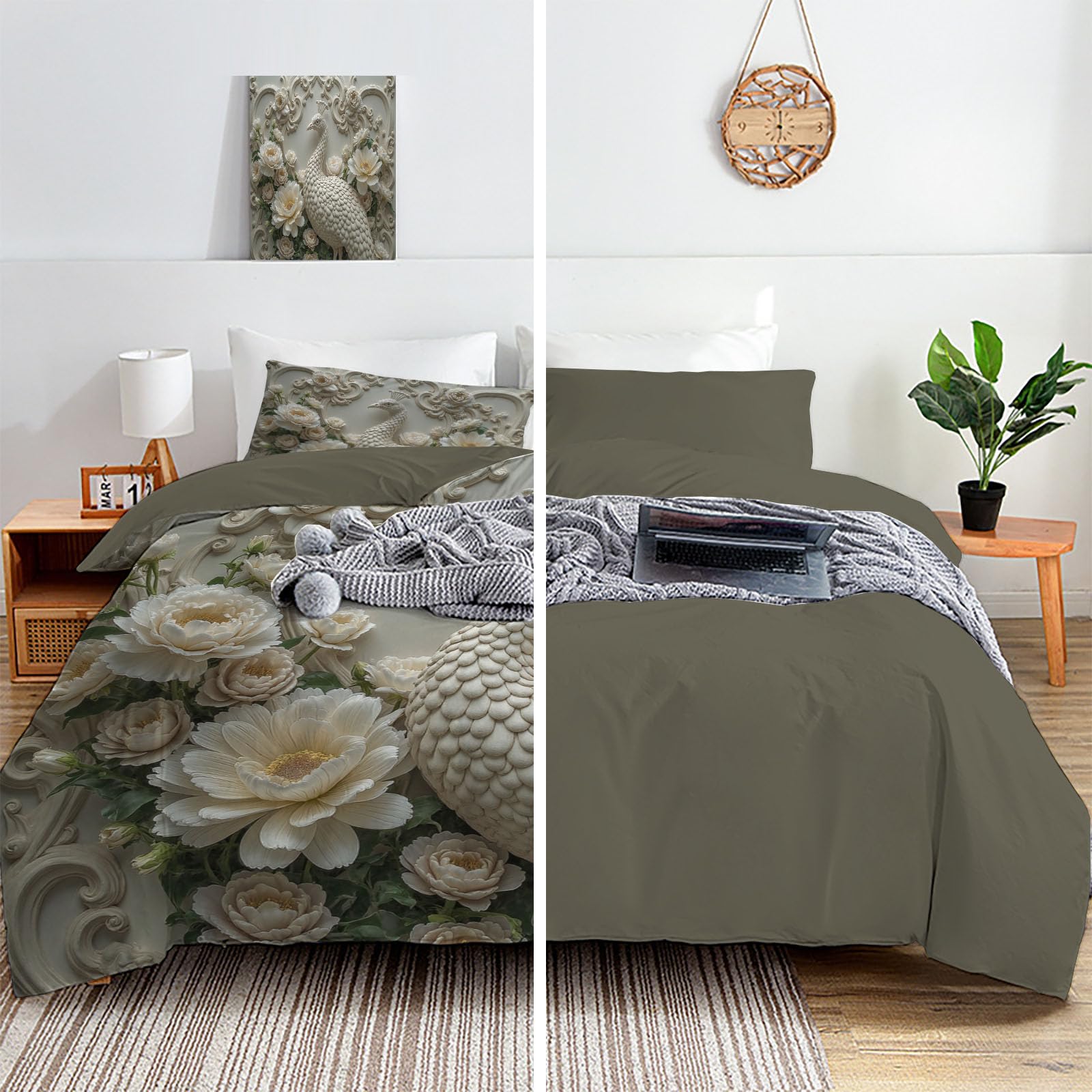 Copripiumino Matrimoniale Pavone Elegante Fiori, Set di Biancheria da Letto Effetto Rilievo Visivo Barocco Rilievo, Copri Piumino 220x240cm con 2 Federe 50x75 cm, Microfibra Morbida Lavabile, Bianco