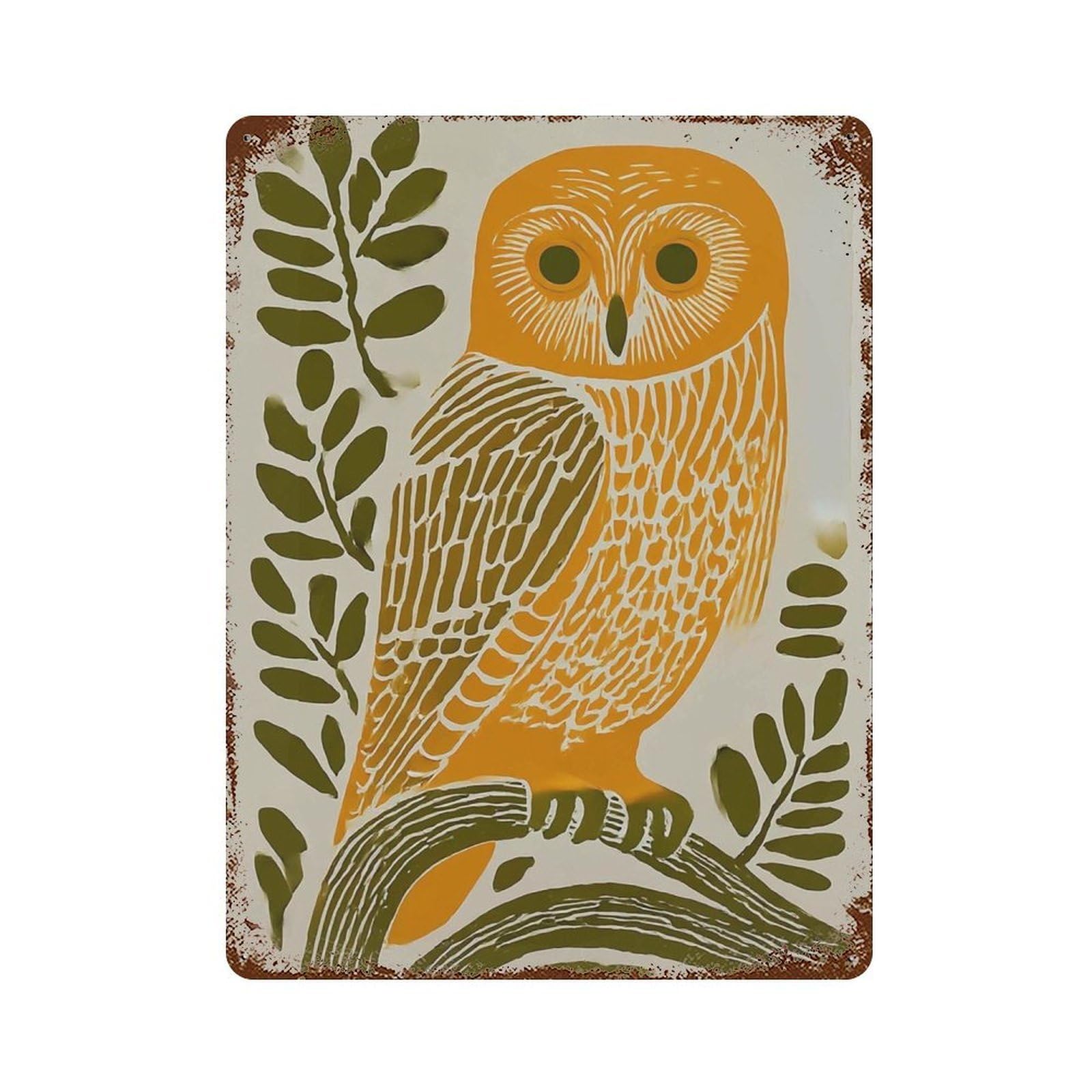 xiaoxiaoshen Orange Owl Woodland Animal Mid Century Folk Linocut Style Bird Nature Wall Decor Art Metal Tin Poster Modern Home Decor Art Home Bar Shop Decorations Vintage Sign 40x30cm