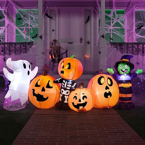 Miniatura 4 de Joiedomi 8 pies de largo inflable de Halloween con tres personajes y parche de calabaza para decoración al aire libre, inflables inflables de bruja,