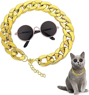 Molain Cat Sonnenbrille Goldkette Kostümdekorationen, UV-Schutz für Katzen Klassische Retro-Welpen-Retro-Schwarz-Sonnenbrille Faux Gold verstellbare Kette Cosplay Kostüm Coole lustige Foto Requisiten product image