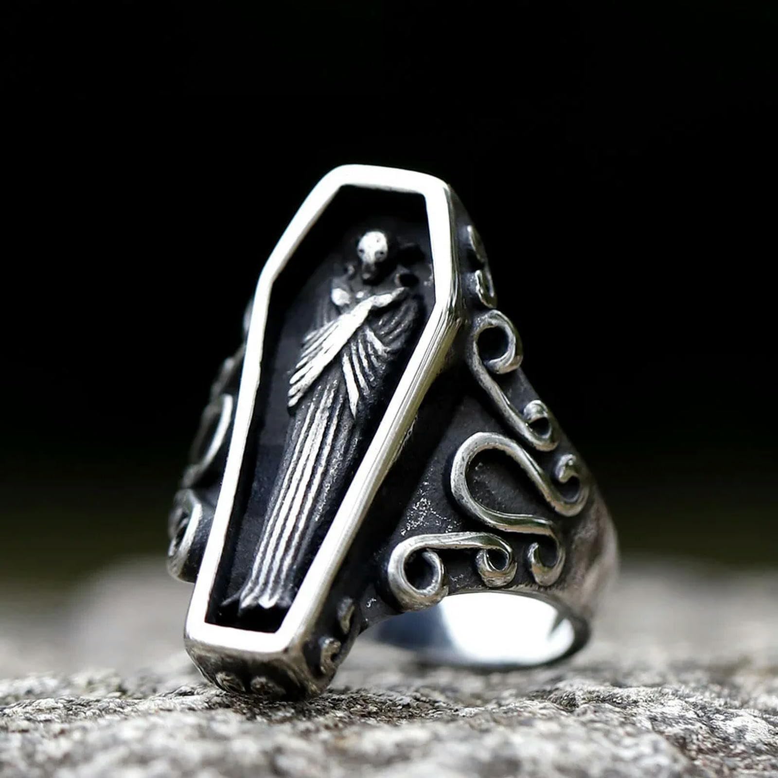 New Men's Ring New Creative Designs Double Skull Coffin Ring For Men Gothic Punk Jewelry Vintage