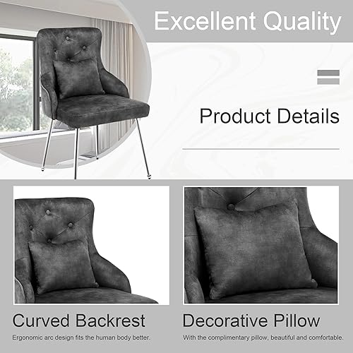 Miniatura 39 de Silla de tocador de terciopelo con respaldo, moderna silla pequeña sin brazos con patas de metal, silla auxiliar tapizada para sala de estar, Gris