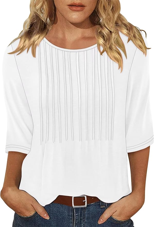 KISSMODA Tunic Tops for Women Loose Fit Dressy Round Neck Pleated 3/4 Length Sleeve Spring Tops