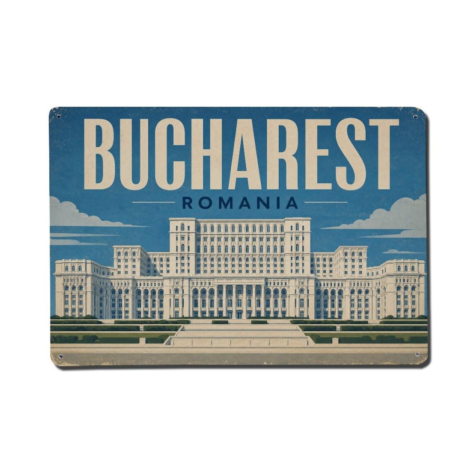 Vintage Travel Romania Bucharest Metal Tin Sign Plaque Wall Decor for Cafe, Club Bar, Office, Garden Metal Poster 8x12Inch