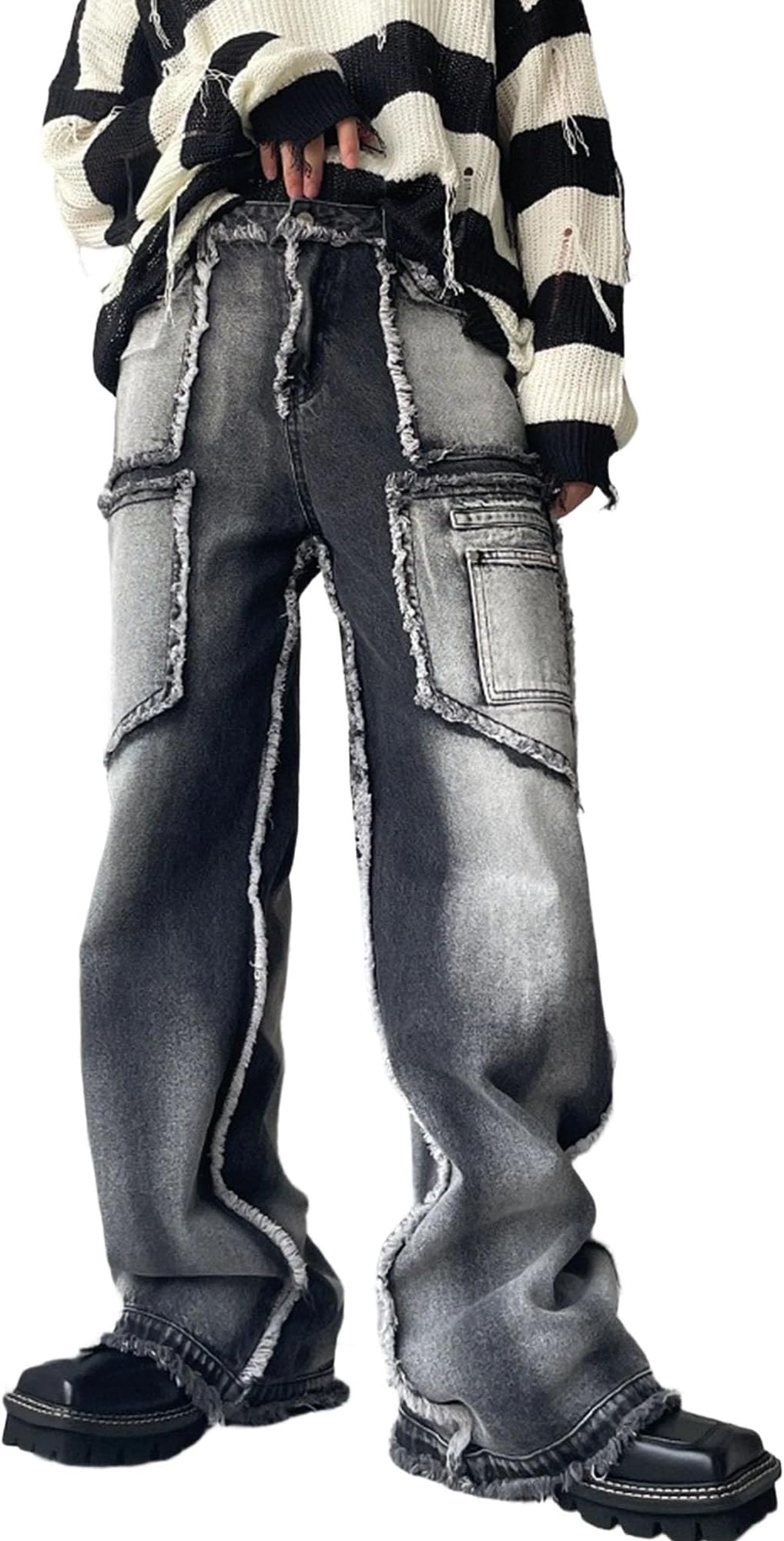Mens Baggy Jeans Patchwork Wide Leg Skater Denim Pant Loose Fit Fringe Frayed Edges Rock Style Jeans Streetwear