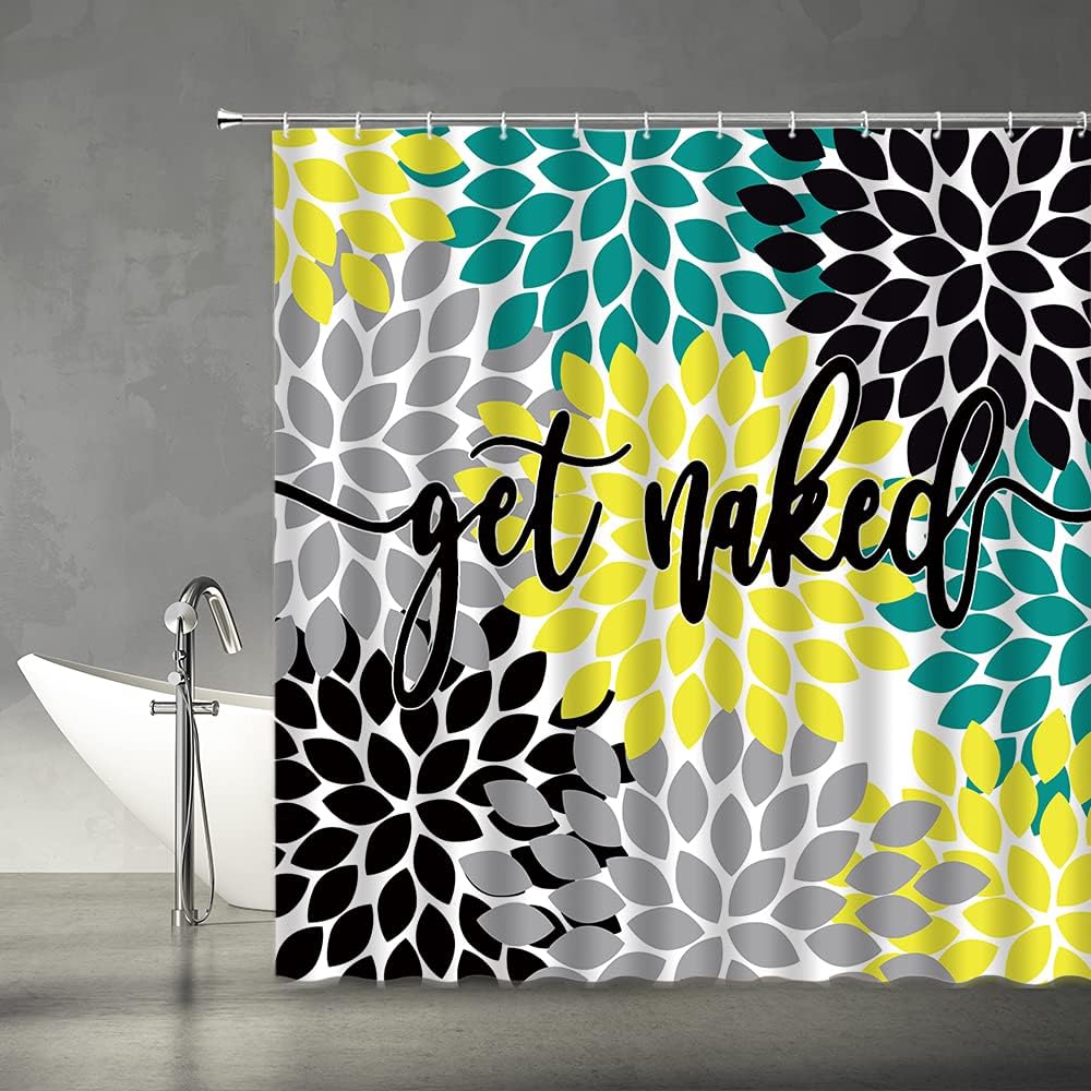 Dahlia Pinnata Floral Shower Curtain Funny Cute Quotes Black Gray Teal Yellow Floral Antique Petal Pattern Abstract Art Modern Design Creative Unique Bathroom Decor Set with Hooks（78" Wx70 H）