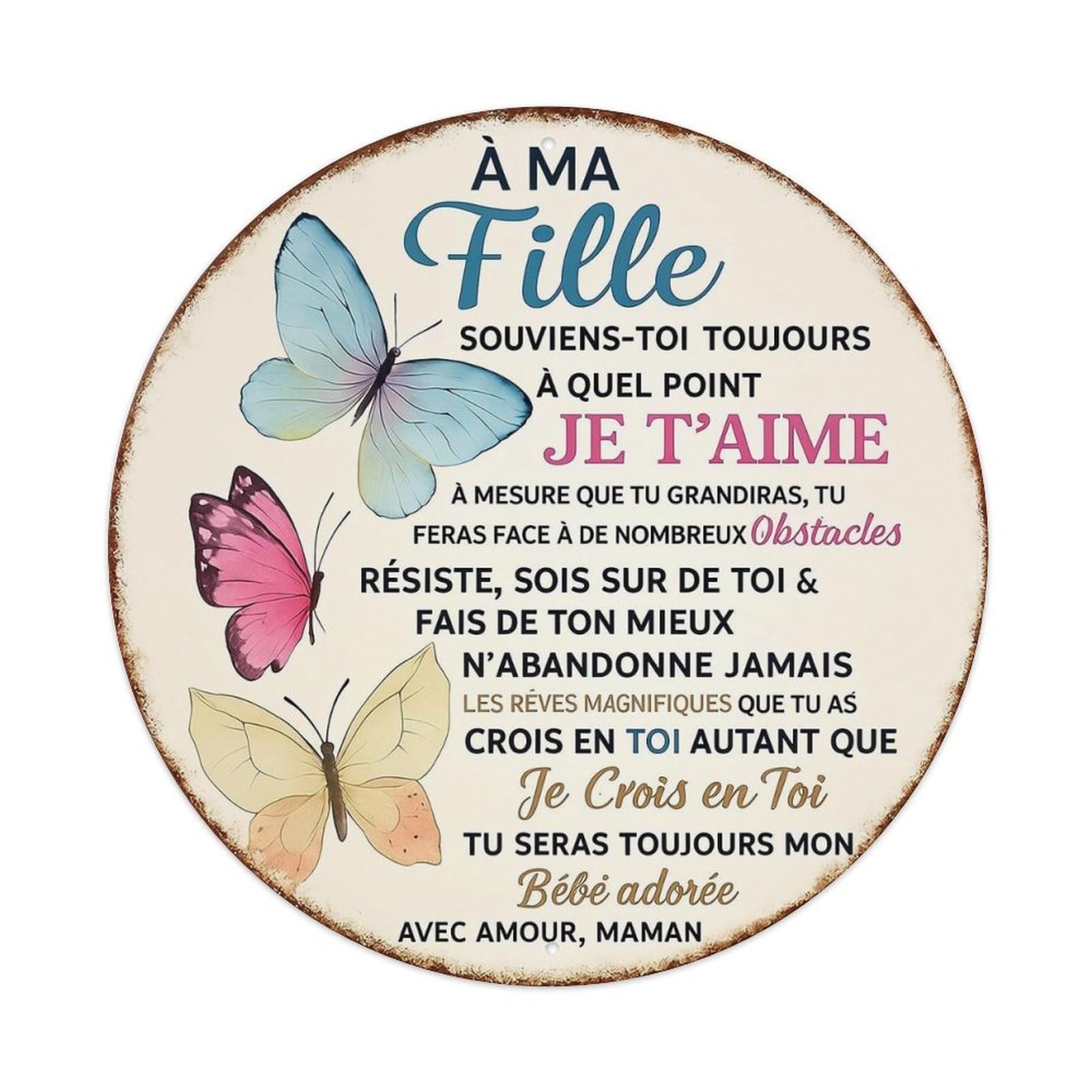 Butterfly Love Message Circle Design Vintage Round Tin Sign Retro Metal Wall Decor Metal Poster, Home Bar Garage Cafe Wall Art Decoration 8x8Inches
