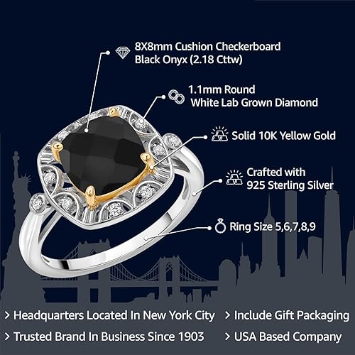 Miniatura 2 de Gem Stone King Anillo de compromiso de plata de ley 925 y oro amarillo de 10 quilates, ónix negro y diamantes blancos cultivados en laboratorio para