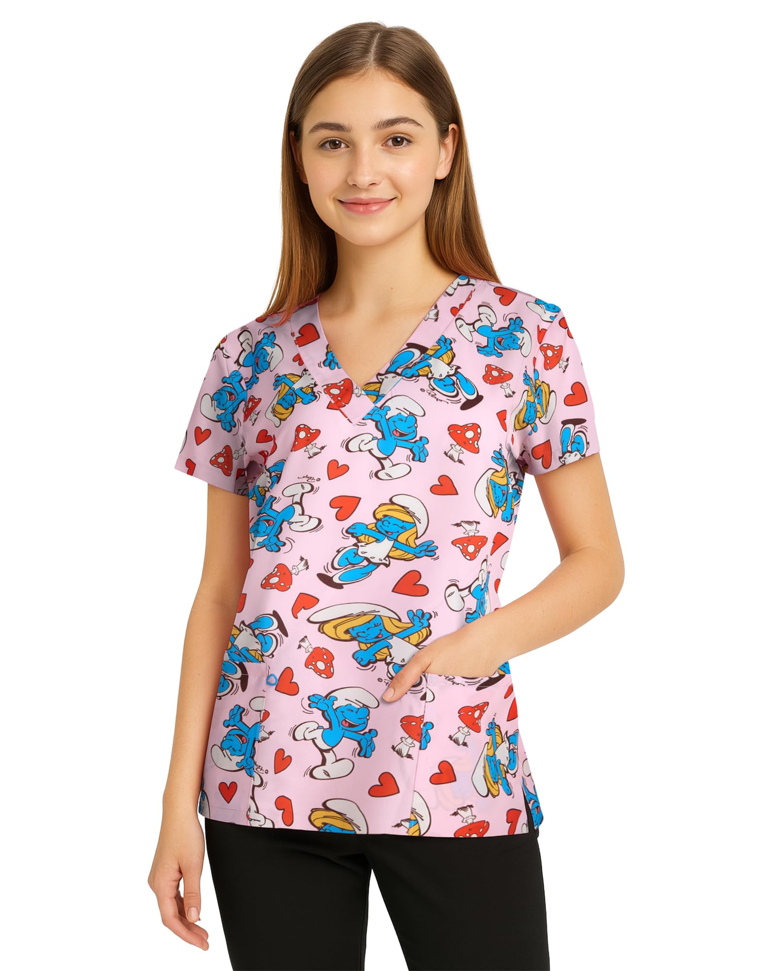 COCO BRANDS Smurfs Womens Scrub Tops - Short Sleeve V-Neck Printed Scrub Tops Women Uniform Shirts with Side