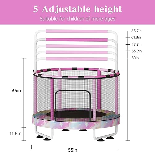 Miniatura 7 de Lamerge Kids Trampoline, Toddler Bouncing Trampoline with Safety Enclosure Net, ASTM-Approved, 500lbs Capacity, Ages 1-8, Adjustable Handrail,