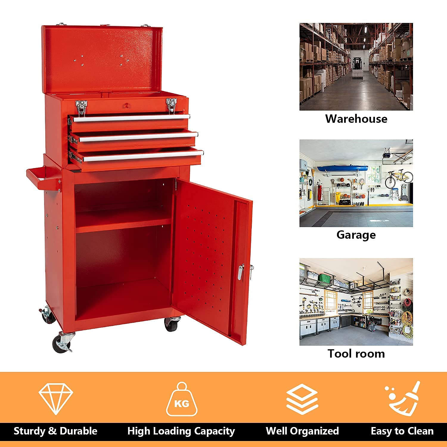 3Drawer Tool Chest Rolling Tool Box with 4 Wheels, Tool Cart High