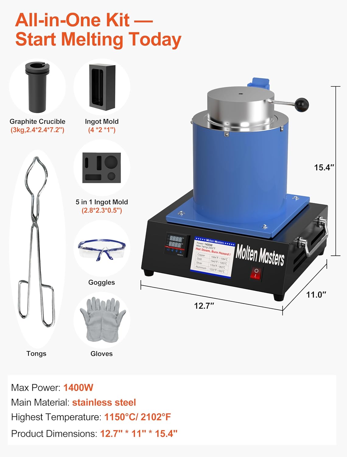 MMasters Complete 3KG Electric Melting Furnace Kit – Smelting Set with Graphite Crucible, Ingot Mold, Tongs, Gloves & Goggles – Ideal for Gold, Silver, Copper, Aluminum Refining
