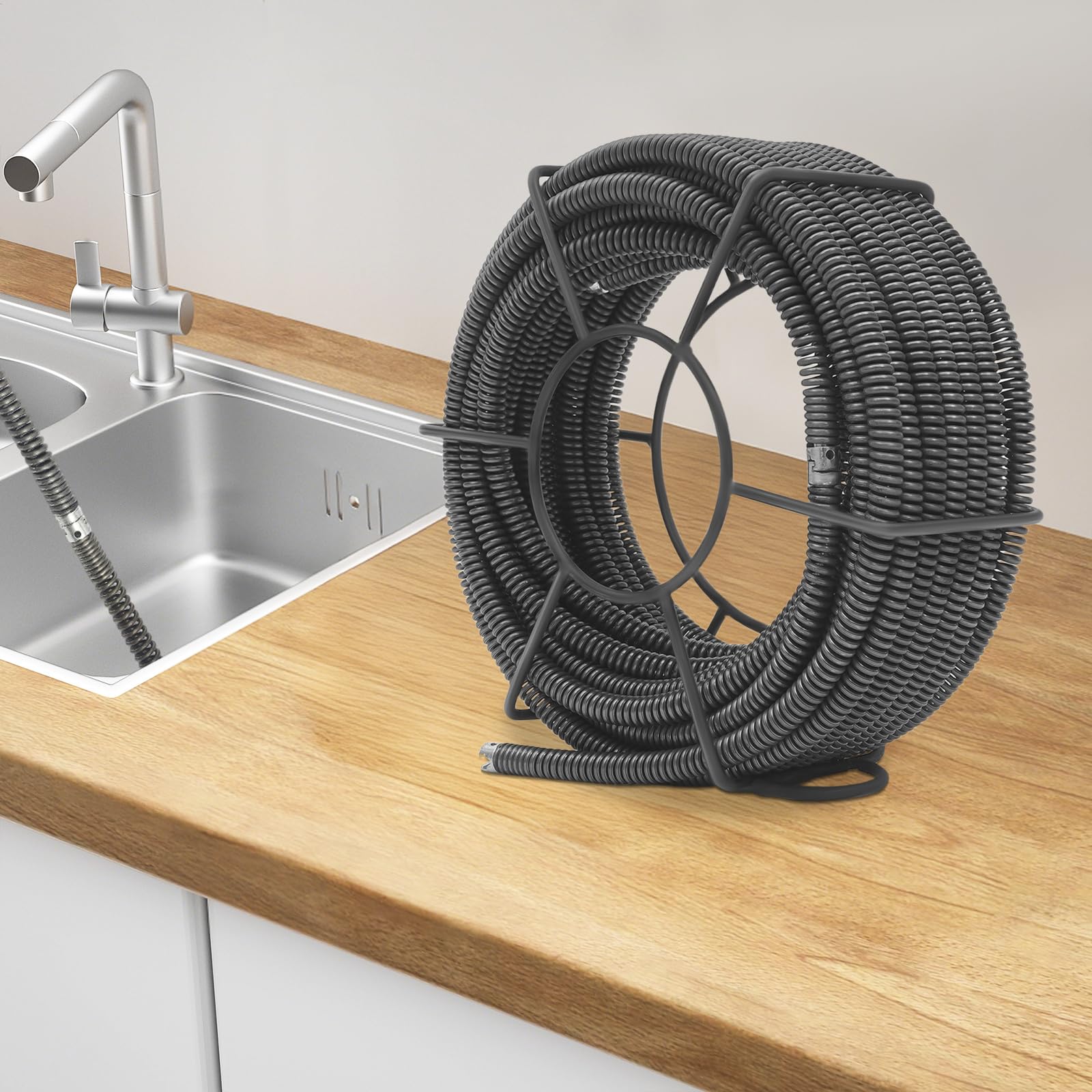 Espiral de limpieza de tuberías de 20 m x 16 mm, cable profesional para limpieza de tuberías con estante de almacenamiento, espiral de resorte para limpieza de tuberías para fregadero, desagüe de