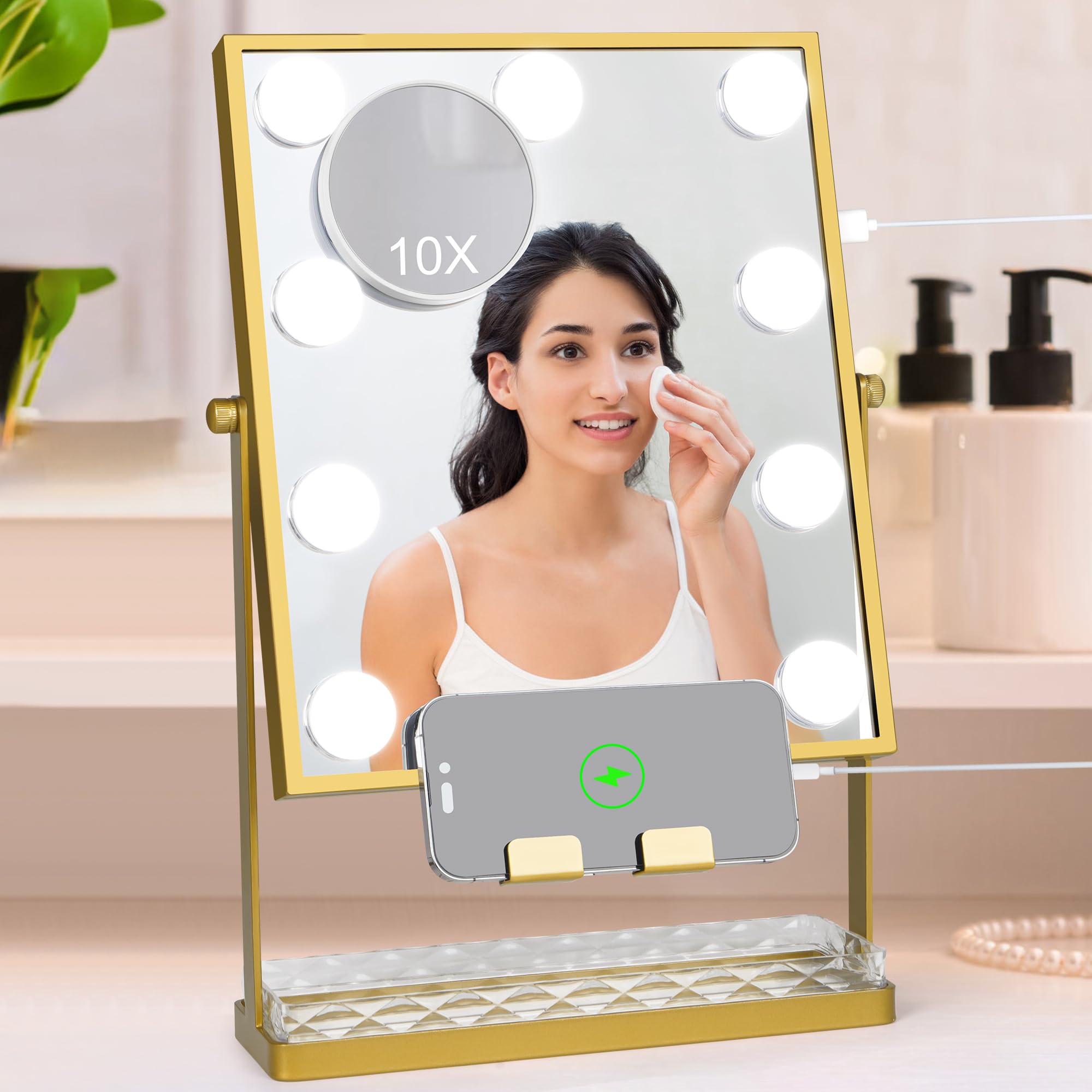 Hollywood Vanity LED Makeup Mirror with Storage, Adjustable Color Temperature & Brightness, USB Charging Port, 10X Magnification Mirror (Golden)
