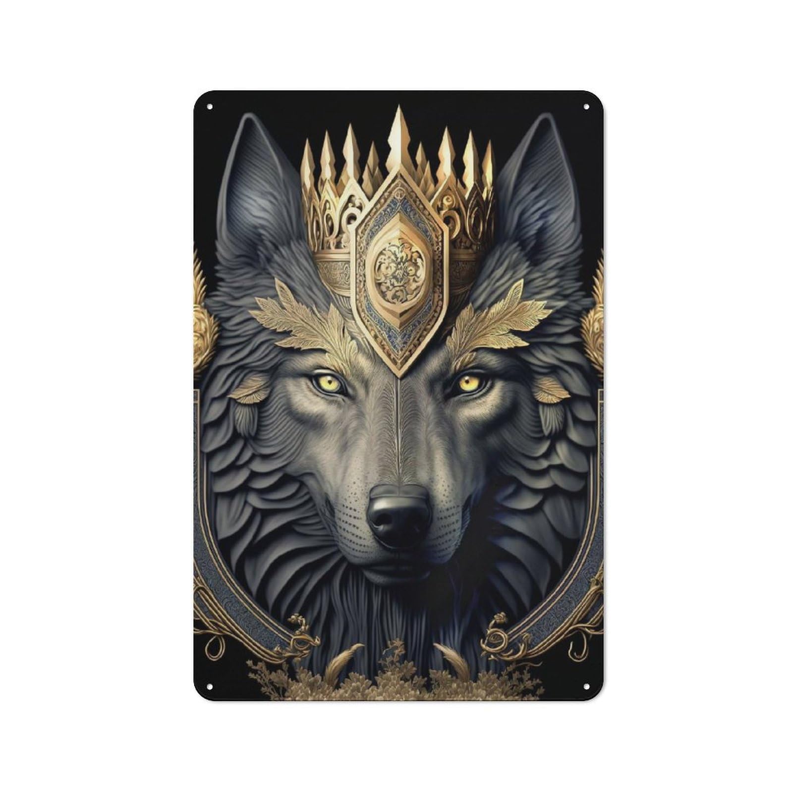 Vintage Metal Plaque 30x20cm Featuring Royal Wolf Golden Art Deco for Hallway Wall, for Wall Display Collectors