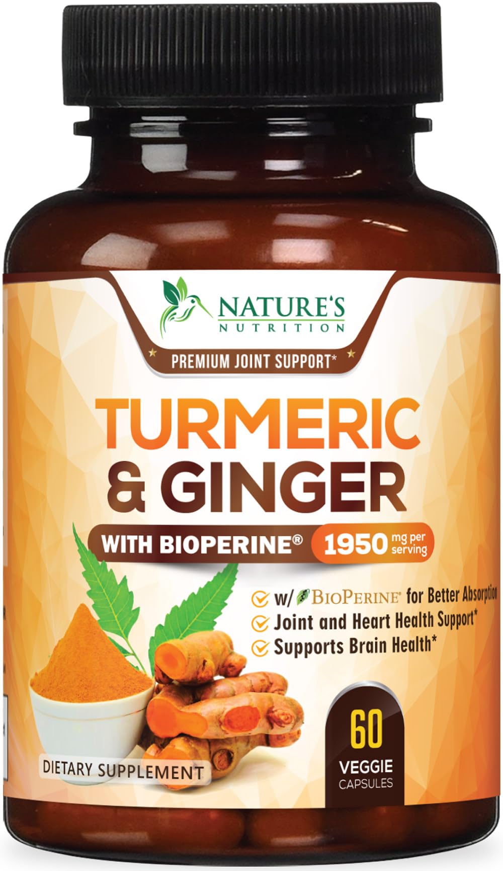 Turmeric Curcumin Supplement - 95% Curcuminoids with Organic Turmeric & Ginger, BioPerine Black Pepper Extract for Best Absorption, Natural Vegan Joint Support, Non-GMO, Bottled in USA - 60 Capsules 60 Count (Pack of 1)