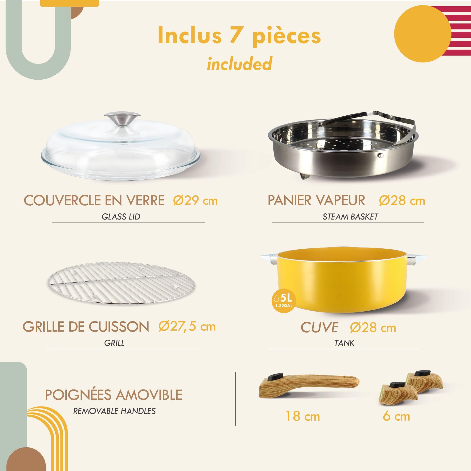 MENASTYL Set Culinaire Multi-usages Safran 28cm - 8-en-1 Poêle Faitout Compatible Induction