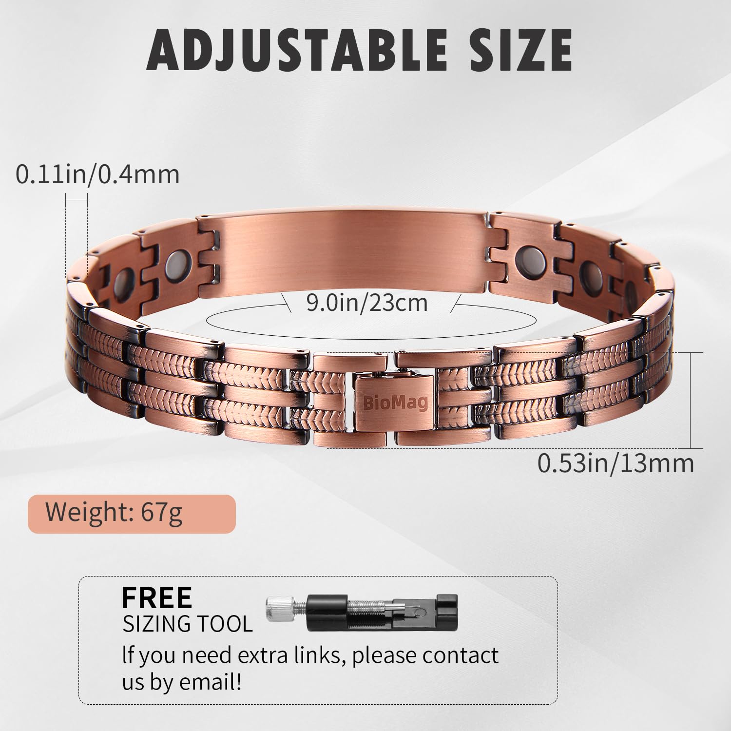 BioMag Pure Copper Magnetic Bracelet for Men Adjustable Wristband with Link Removal Tool(Wheat Pattern), 46 centimeters - Image 3