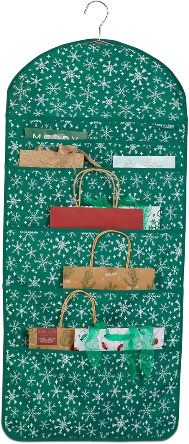 Covermates Keepsakes Hanging Gift Bag Organizer – Heavy-Duty Polyester with Double-Sided Pockets – Holds Up to 100 Bags with Hanger & Tiered Storage, Green Snowflake