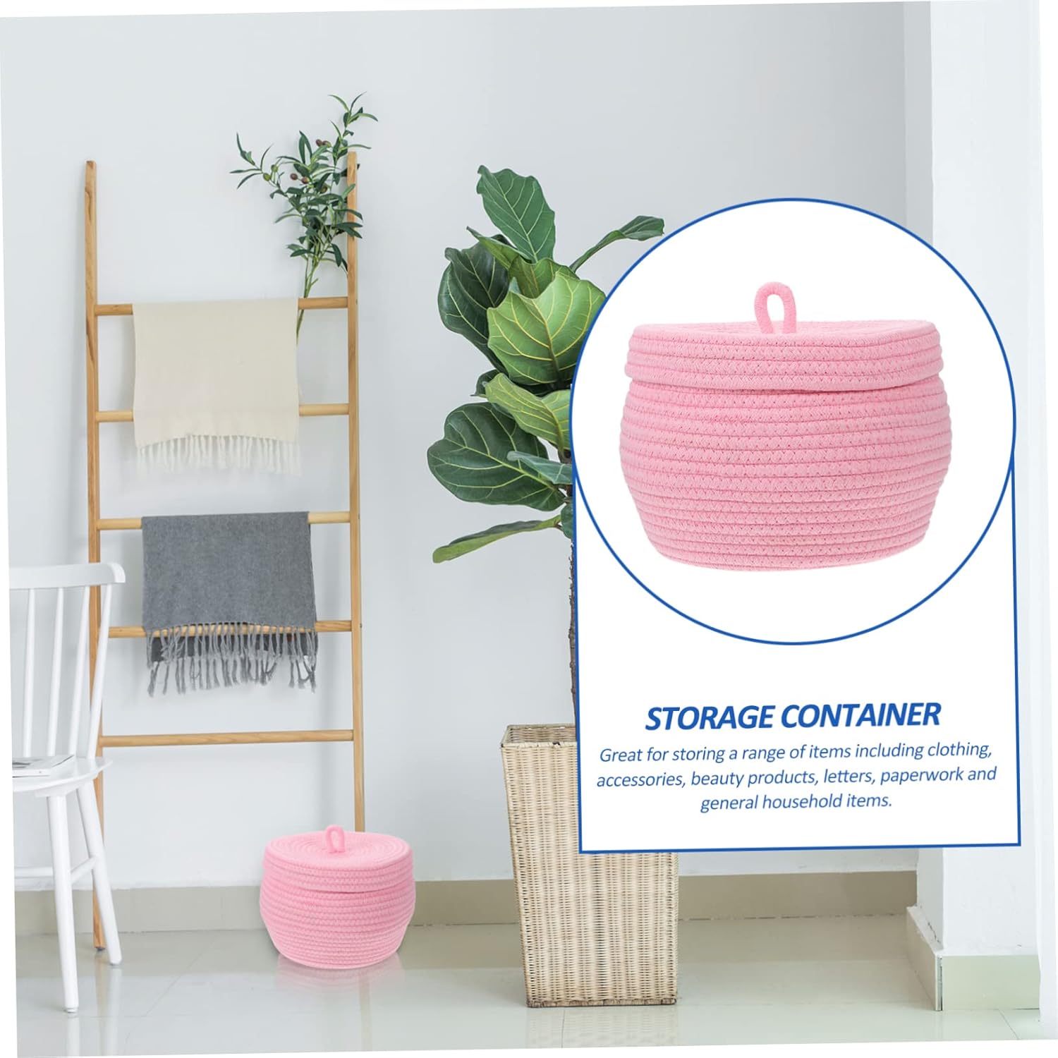 1pc Woven Storage Basket with Lid Decorative Cotton Rope Basket for Home Organization Versatile Sundries Storage Box for Desktop Nursery Minimalist Design Pure