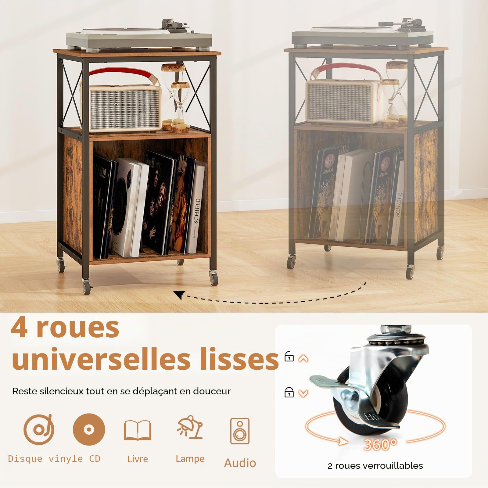 KOMFOTTEU Meuble Platine Vinyle avec Station de Charge, Support de Tourne-Disque avec Séparateurs Amovibles, Meuble Tourne-Disque, Cadre en Métal, 50 x 45 x 82 cm, Style Industriel