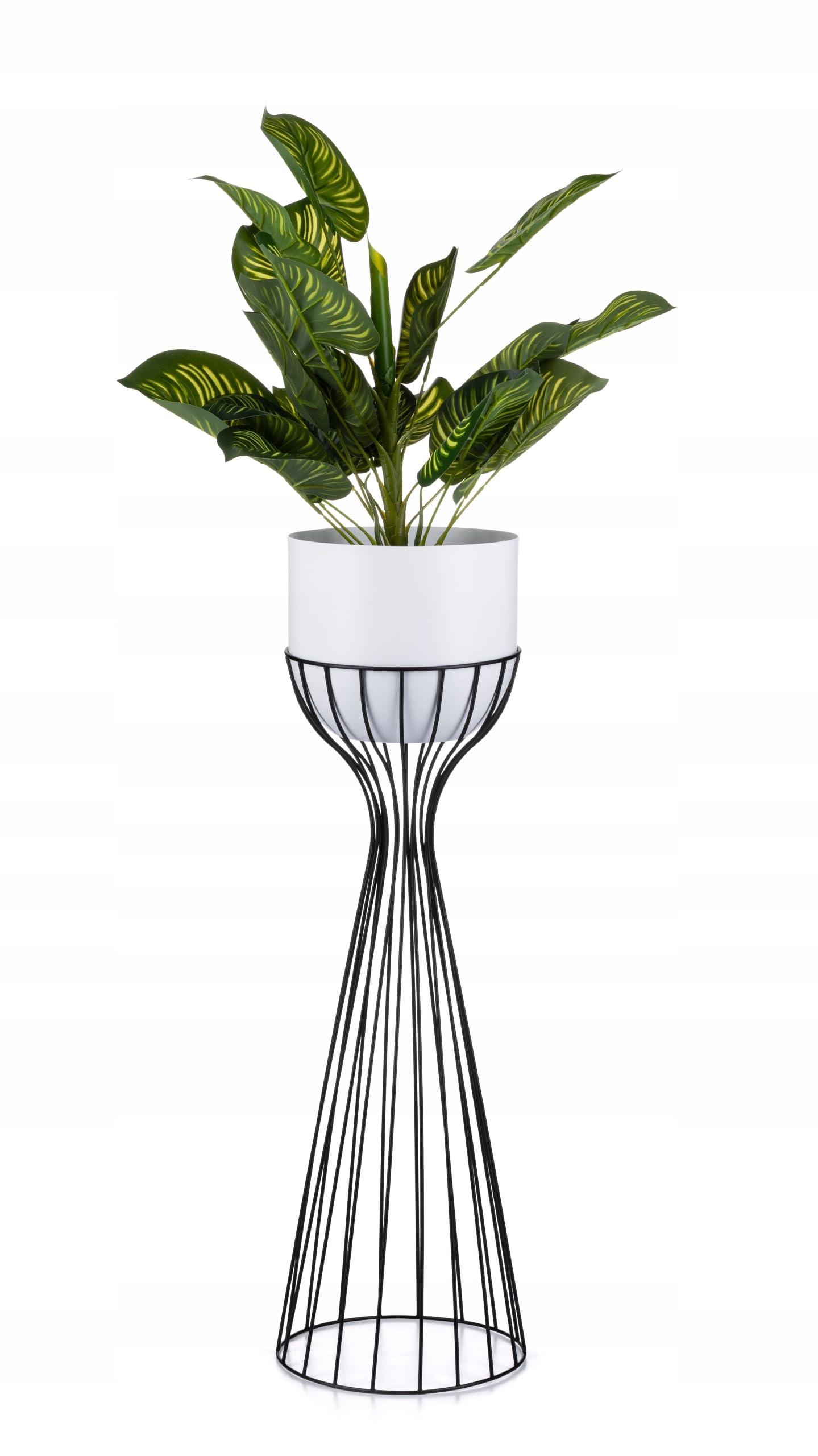 Moderno supporto per fiori in metallo, altezza 68 cm, con vaso da fiori bianco, rotondo, diametro 18 cm, su robusto supporto nero, supporto per piante per la decorazione di interni