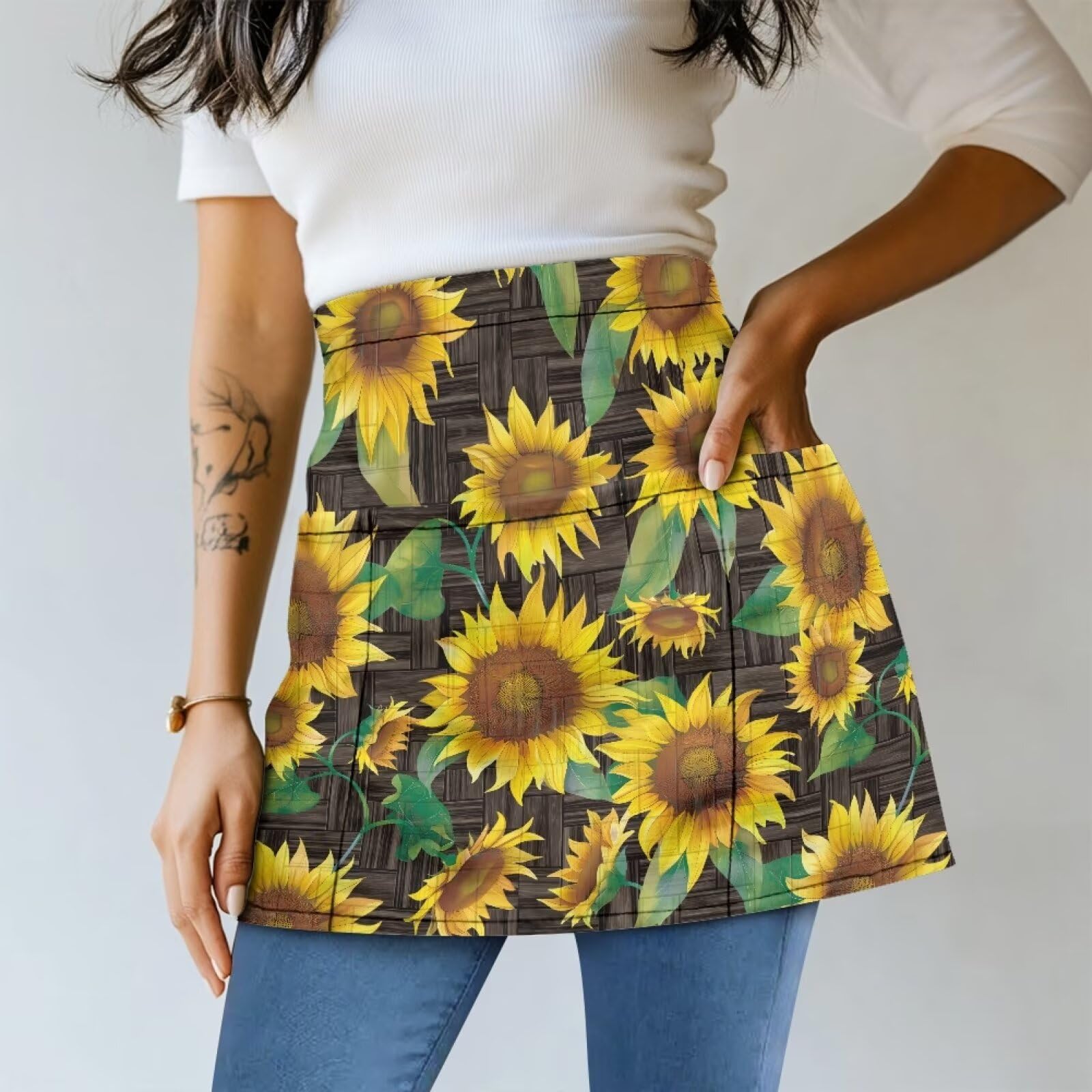 Bivxisrvo Sunflower Kitchen Aprons for Women with Pockets Half Waiter Serving Short Aprons Waterproof Resistant Chef for Cooking Grill BBQ Baking for Men Women Unisex Waist Aprons for Home