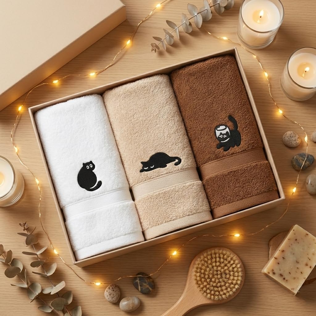 3Pcs 100% Cotton Embroidered Decorative Hand Towels, Black Cat Soft Absorbent Towels for Bathroom & Kitchen, Cute Cat Bathroom Decor Towels, Cats Gifts for Women, 15.75 x 31.5 Inches