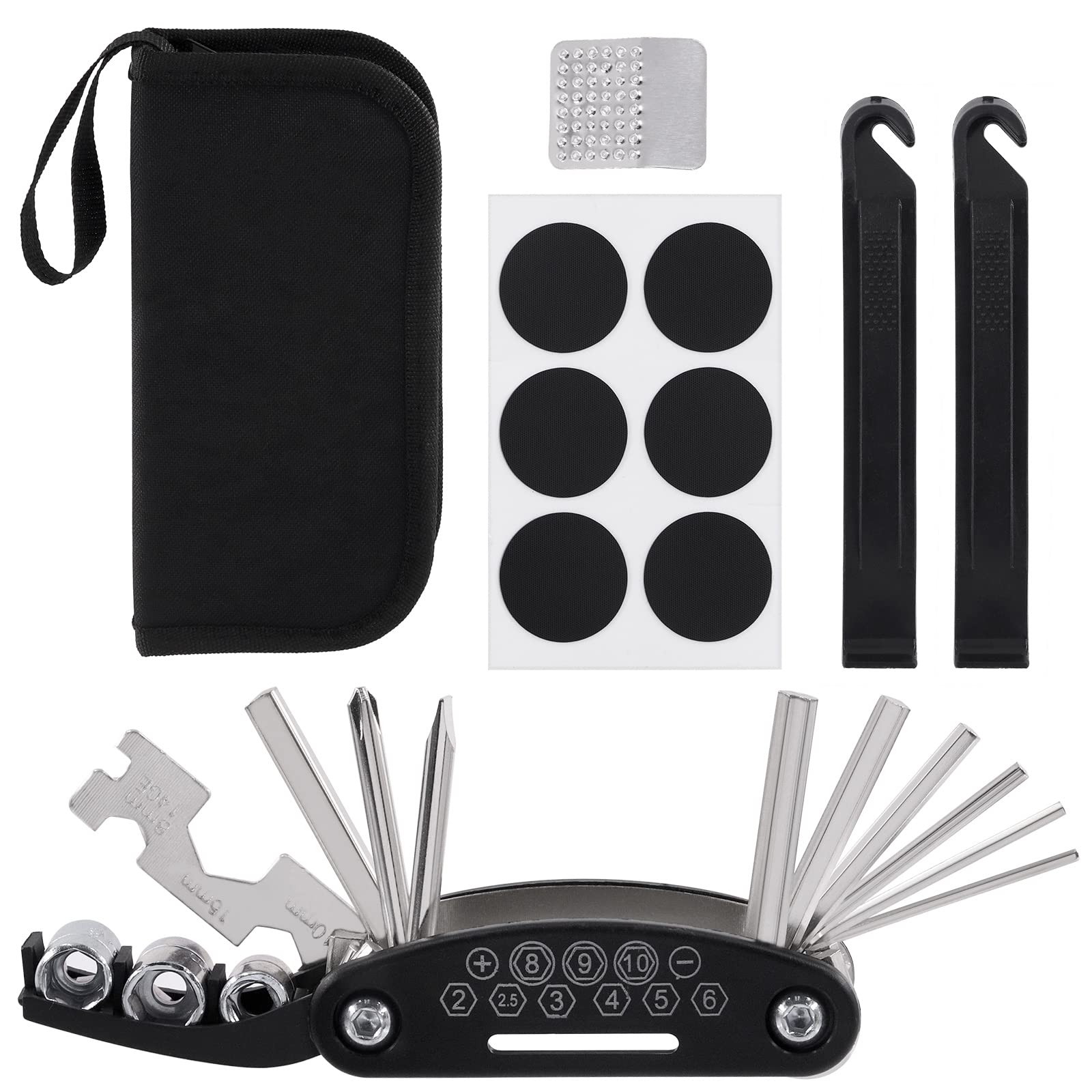 Mardatt Bike Repair Tool Kit Includes 16 in 1 Bicycle Multi-Function Tool, Tire Levers, Pre-glued Tire Tube Patches, Metal Files and Tool Bag Portable Cycling Tool Kit for Road Mountain Bicycle
