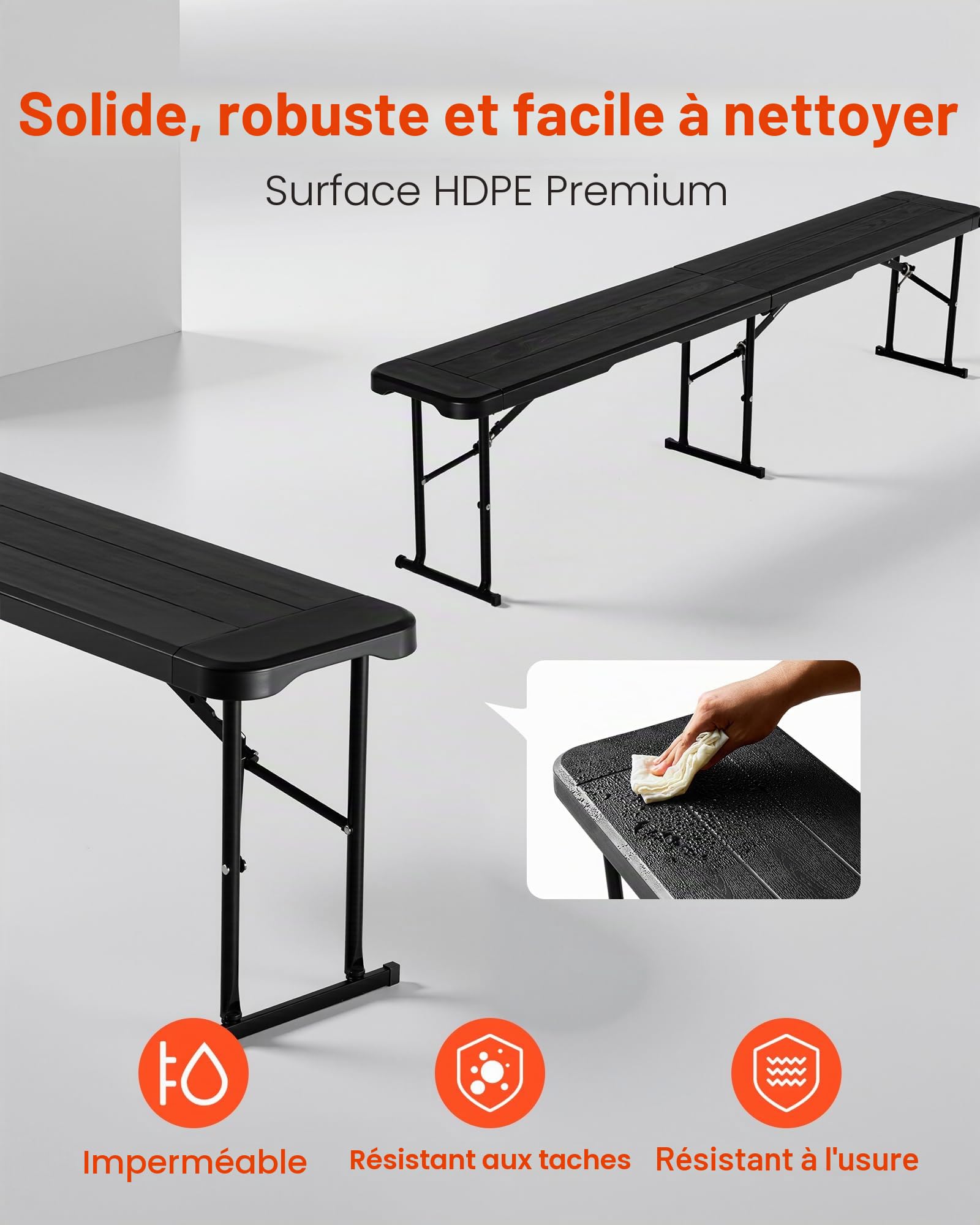VEVOR Banc Pliant Portable en Plastique, 1825 mm, Banc de Camping, Lisse en PEHD imperméable, siège Pliable avec 2 Sacs de Transport, pour Pique-Nique, Football, Camping, Jardin, Noir (2 pièces)