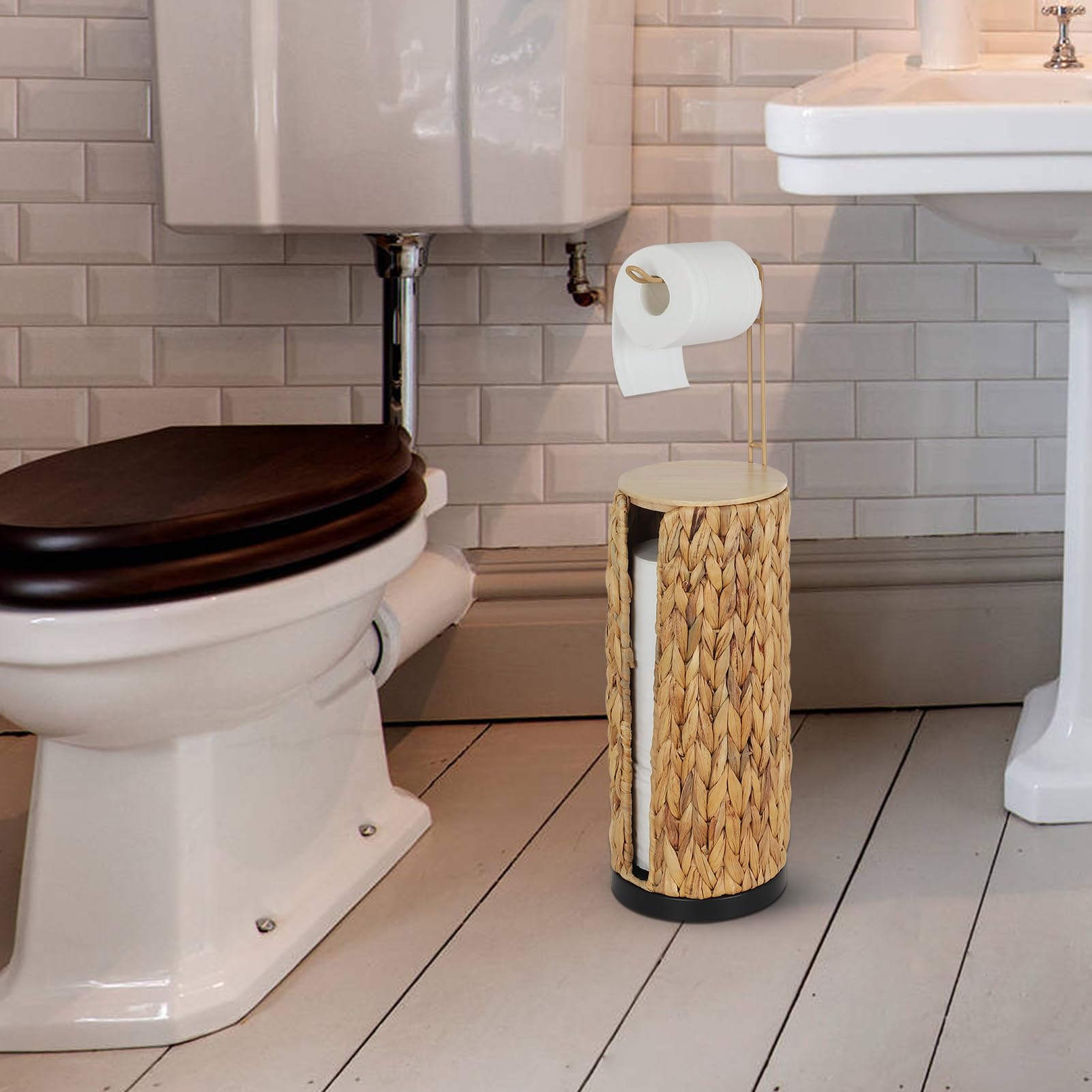 Portarrollos de Papel Higiénico de Pie con Estante, Porta Rollos de Papel Inodoro de Pie, Soporte de Papel Higiénico Boho de Ratán, Portarrollo de Papel Higiénico de Jacinto de Agua para 4 Rollos