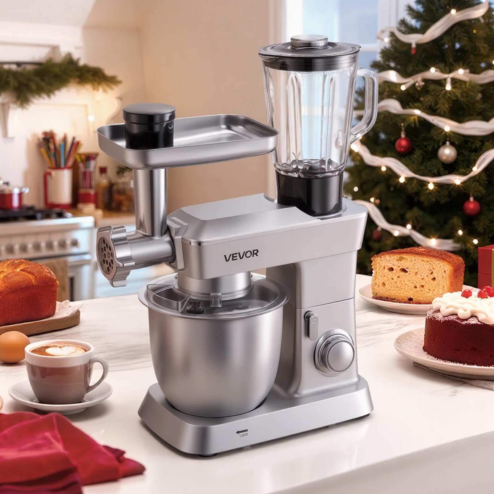 VEVOR Robot Pâtissier et Culinaire 4,3 L, Batteur sur Socle 1300 W avec Fonction Hachoir à Viande et Blender de 1,5 L, Batteur Mixeur 6 Vitesses avec Pulse, Bol en Inox, Mélange Fouettage Pétrissage