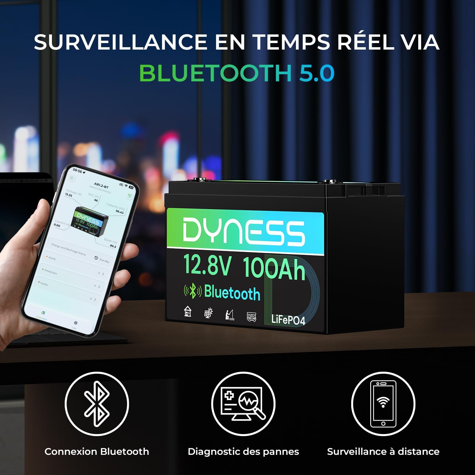 Dyness Batterie Lithium 12V 100Ah Bluetooth - Batterie LiFePO4 avec BMS 100A pour Camping-Car, Van, Bateau et Système Solaire - Accumulateur Deep Cycle