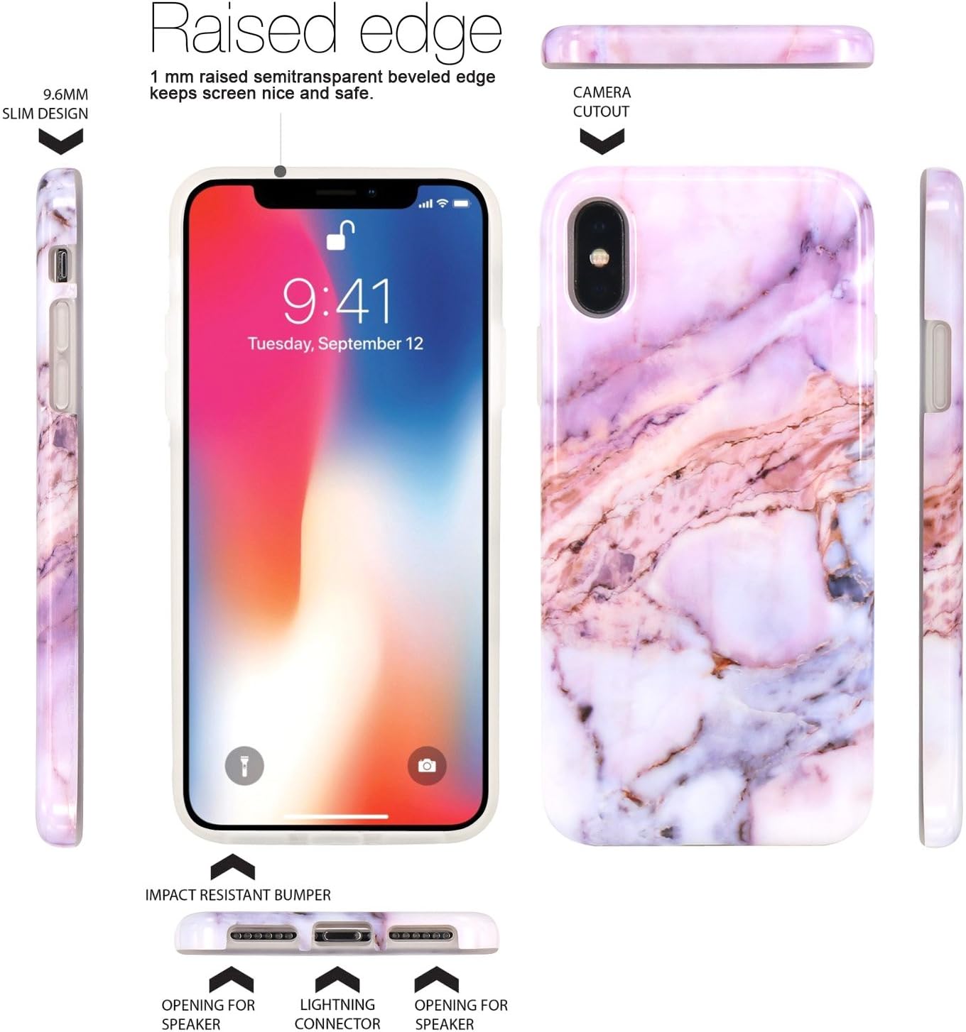 JAHOLAN iPhone X Case iPhone Xs Case Purple Marble Design Clear Bumper Glossy TPU Soft Rubber Silicone Cover Phone Case for iPhone X iPhone Xs