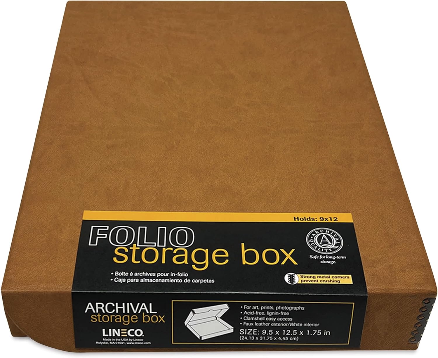 Lineco 9x12x1.75 Inches Deep Clamshell Folio Storage Box Archival Metal Edge - Tan