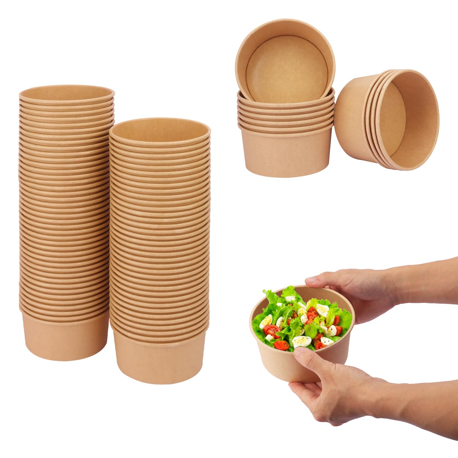 IHDYPPEW 90 Pack Kraft Paper Bowls, 25 Oz Disposable Soup/Salad Serving Bowls, Large Paper Bowls, Anti-Spill and Anti-Oil Soup Bowls, Disposable Food