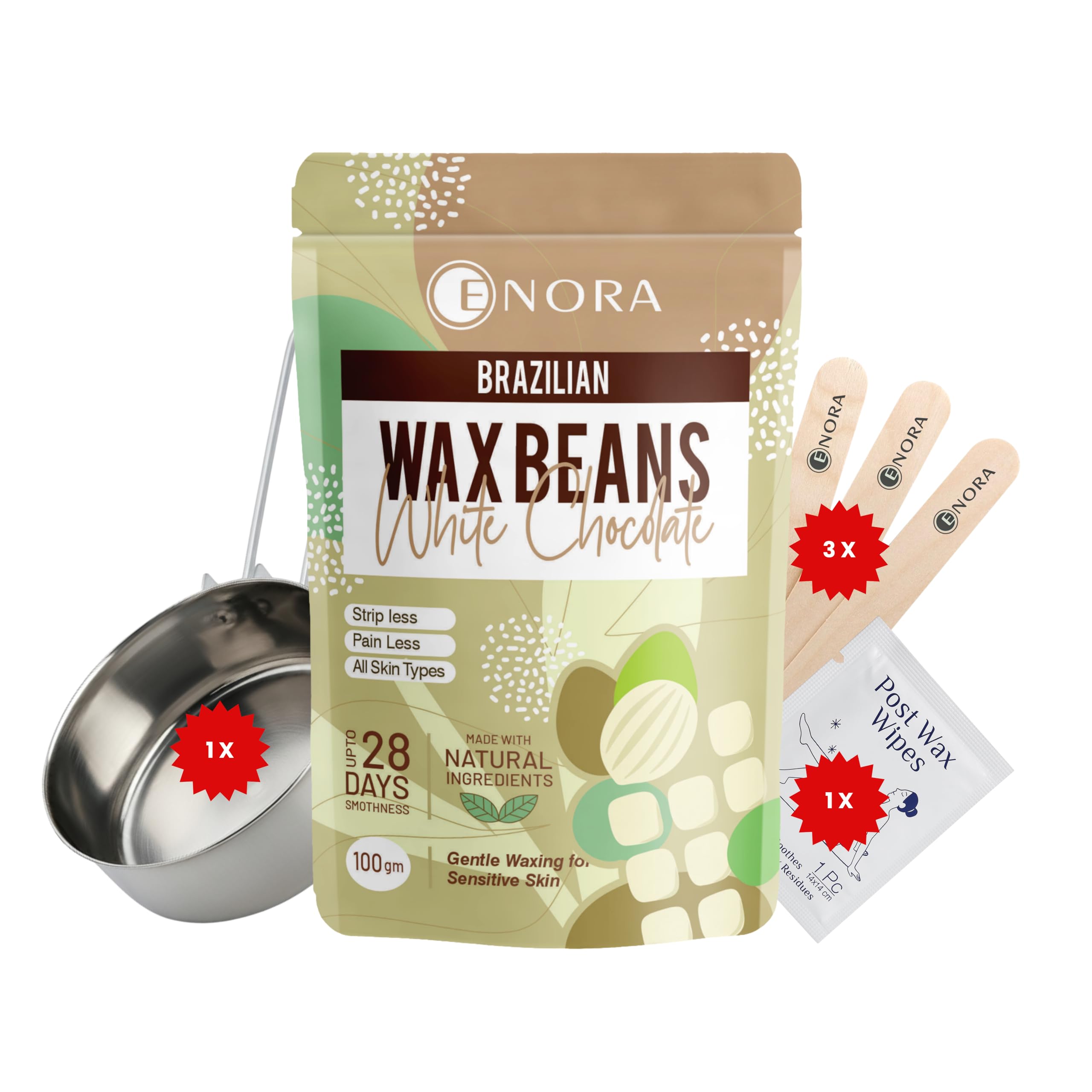 ENORA Brazilian Face Wax/Katori Wax for Women (100g) | India’s 1st Liposoluble Stripless Wax | Pan with Handle & Spatula | Natural Ingredients | For Upper Lips, Chin, Cheeks & Hairline (WHITE CHOCOLATE)