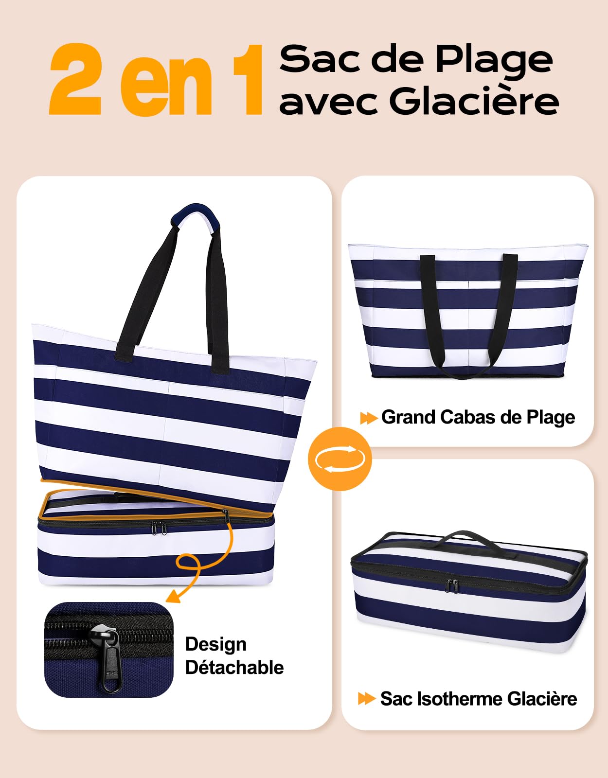 CIRYCASE Grand Sac de Plage XXL Isotherme 54L Cabas Voyage Femme Pliable Étanche Compartiment Sec-Humide Sac Fourre Tout Sport Vacance