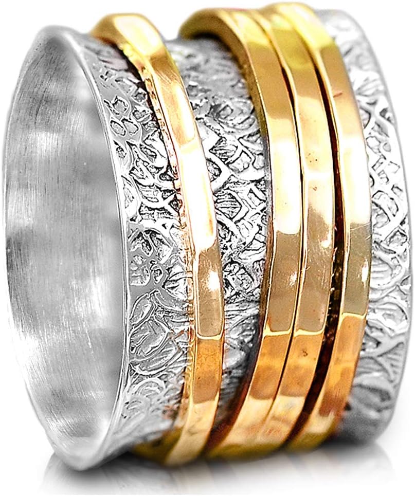 Boho-Magic 925 Sterling Silver Spinner Ring for Women Wide Band Fidget Ring with 4 Brass Spinning Rings Smooth Spin Comfort Fit Chunky Silver Statement Ring