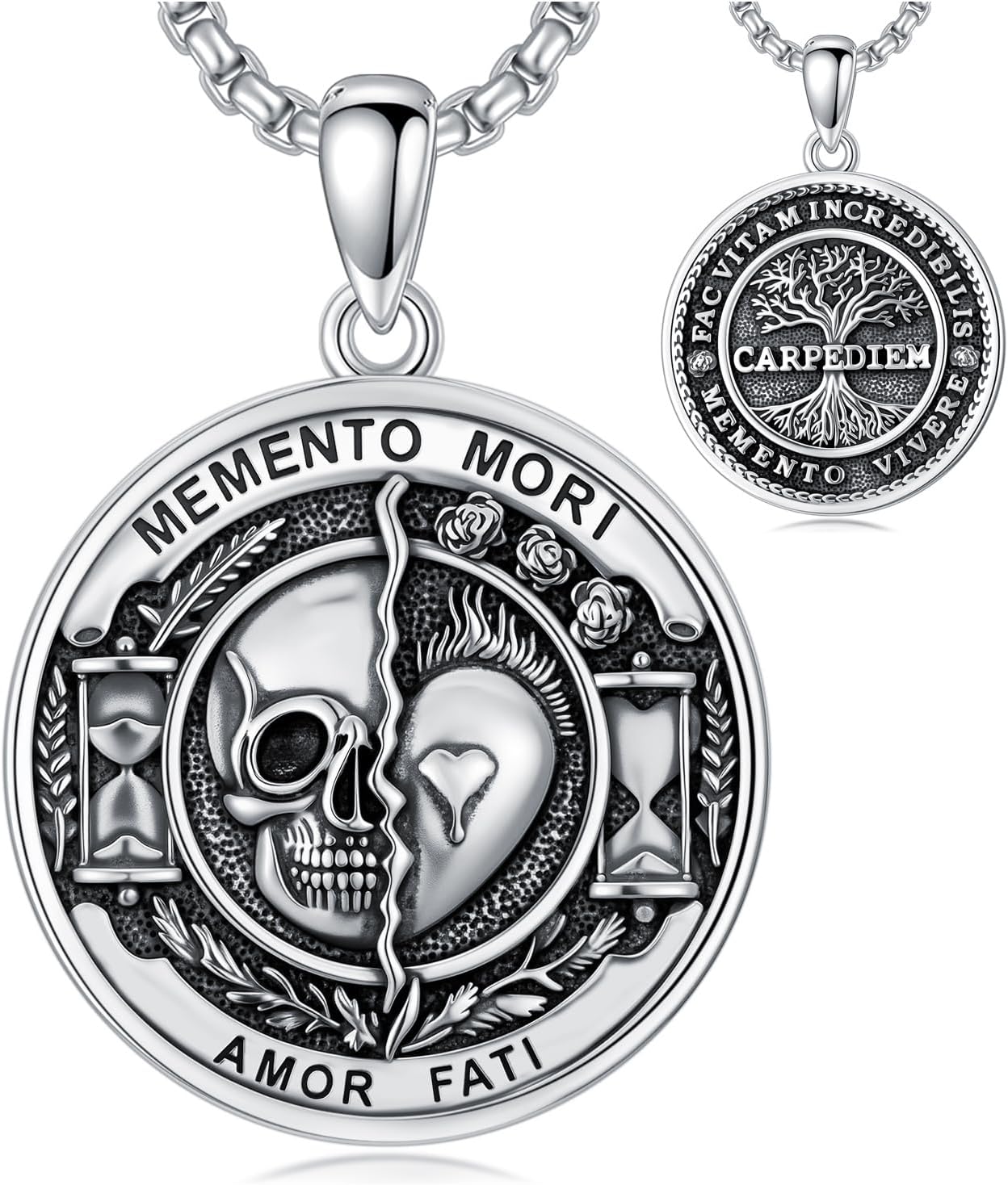 SIMONLY Memento Mori Necklace for Men 925 Sterling Silver Memento Mori Pendant Gothic Skull Pendant Amulet Protection Jewelry Gifts